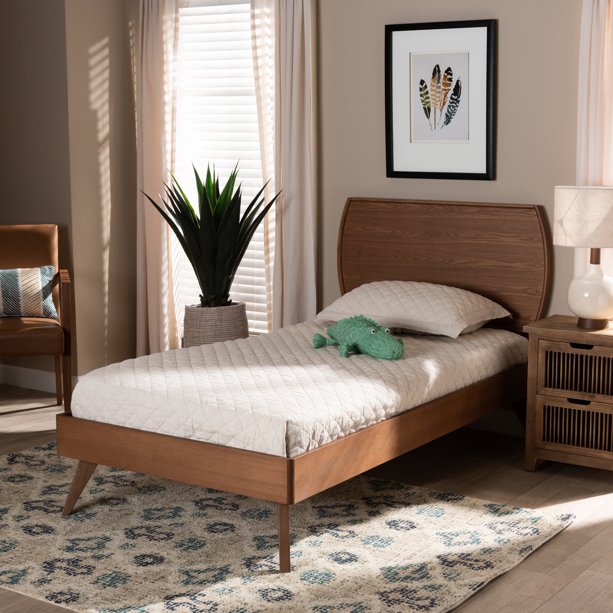 Baxton Studio Aimi Mid-Century Modern Walnut Brown Finished Wood Twin Size Platform Bed