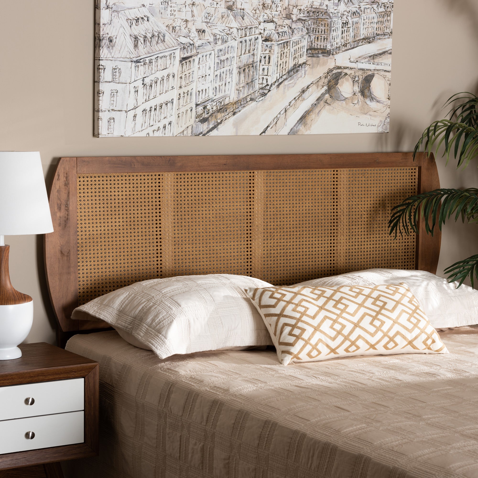 Baxton Studio Harris Mid-Century Modern Ash Walnut Finished Wood and Synthetic Rattan Queen Size Headboard