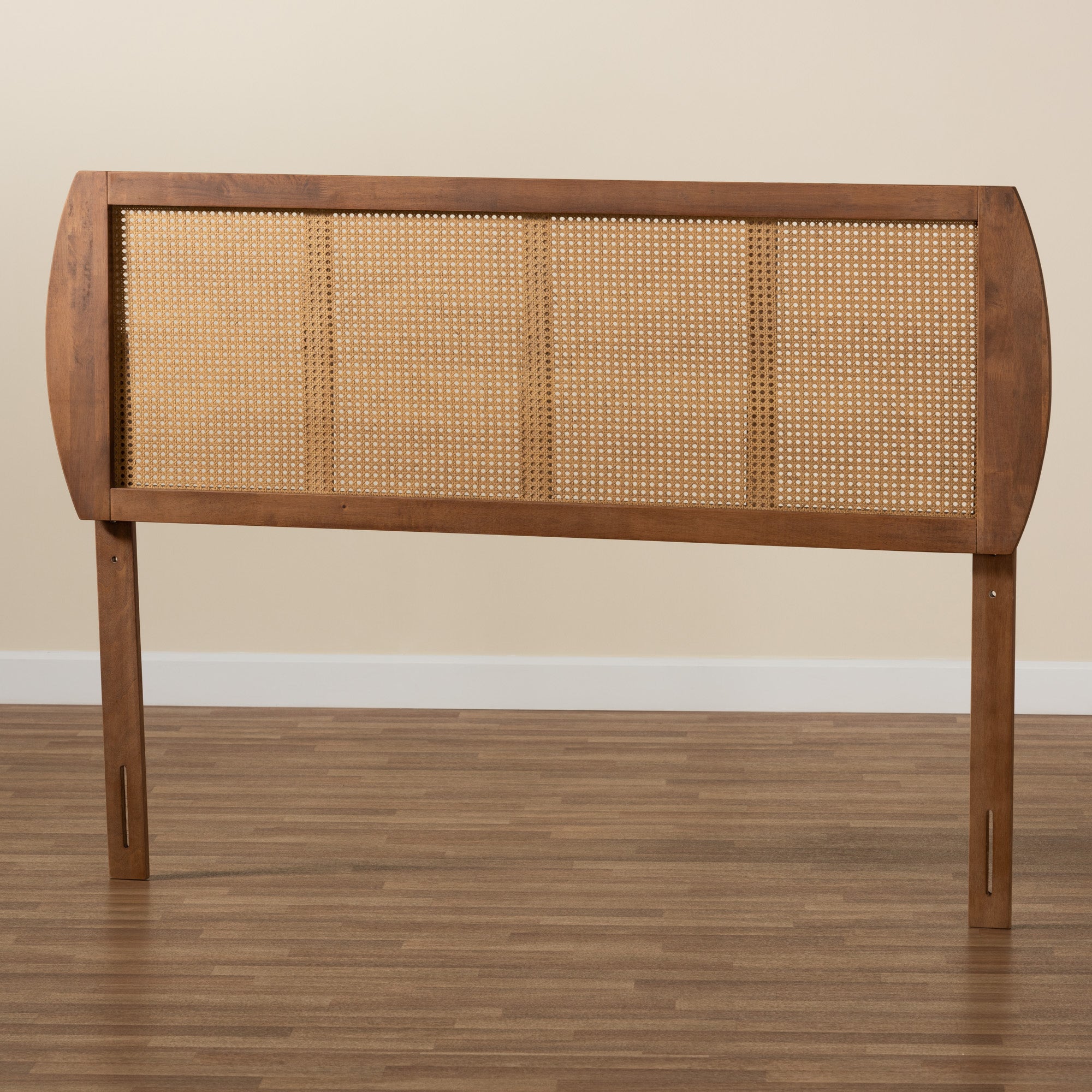 Baxton Studio Harris Mid-Century Modern Ash Walnut Finished Wood and Synthetic Rattan Full Size Headboard