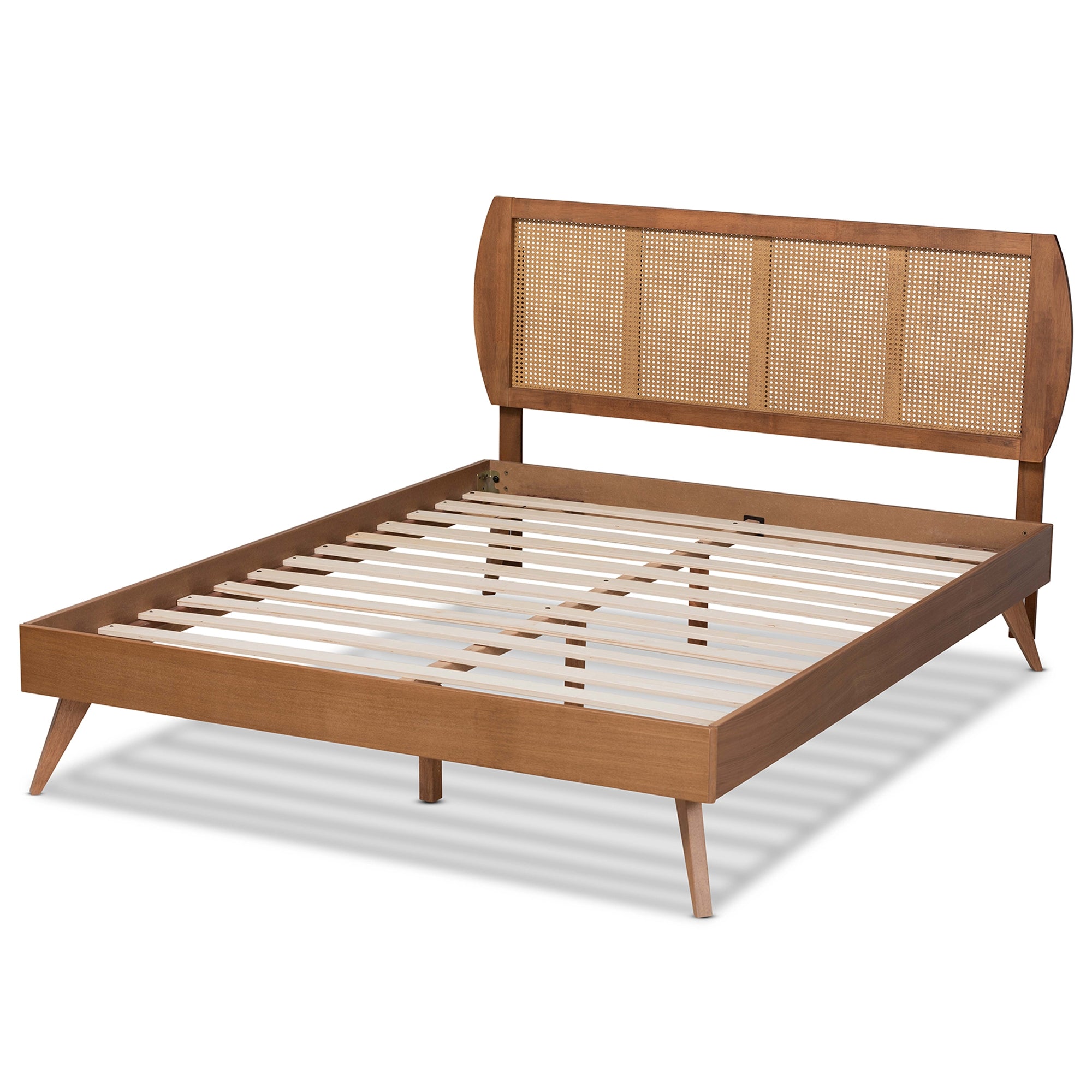 Baxton Studio Asami Mid-Century Modern Walnut Brown Finished Wood and Synthetic Rattan Queen Size Platform Bed