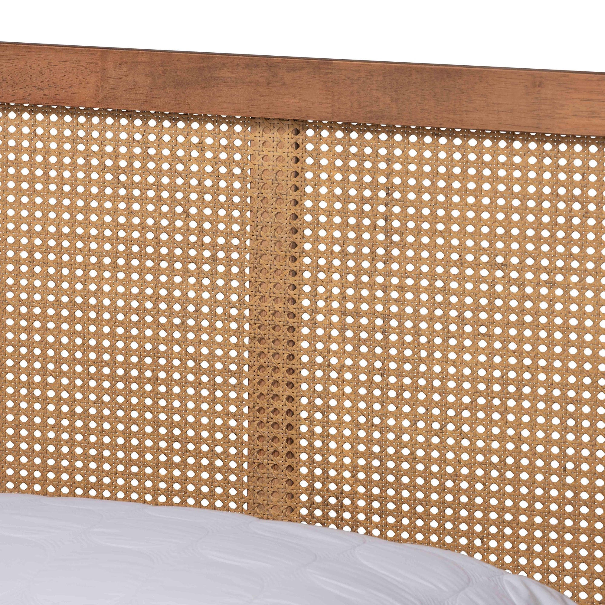 Baxton Studio Asami Mid-Century Modern Walnut Brown Finished Wood and Synthetic Rattan Queen Size Platform Bed