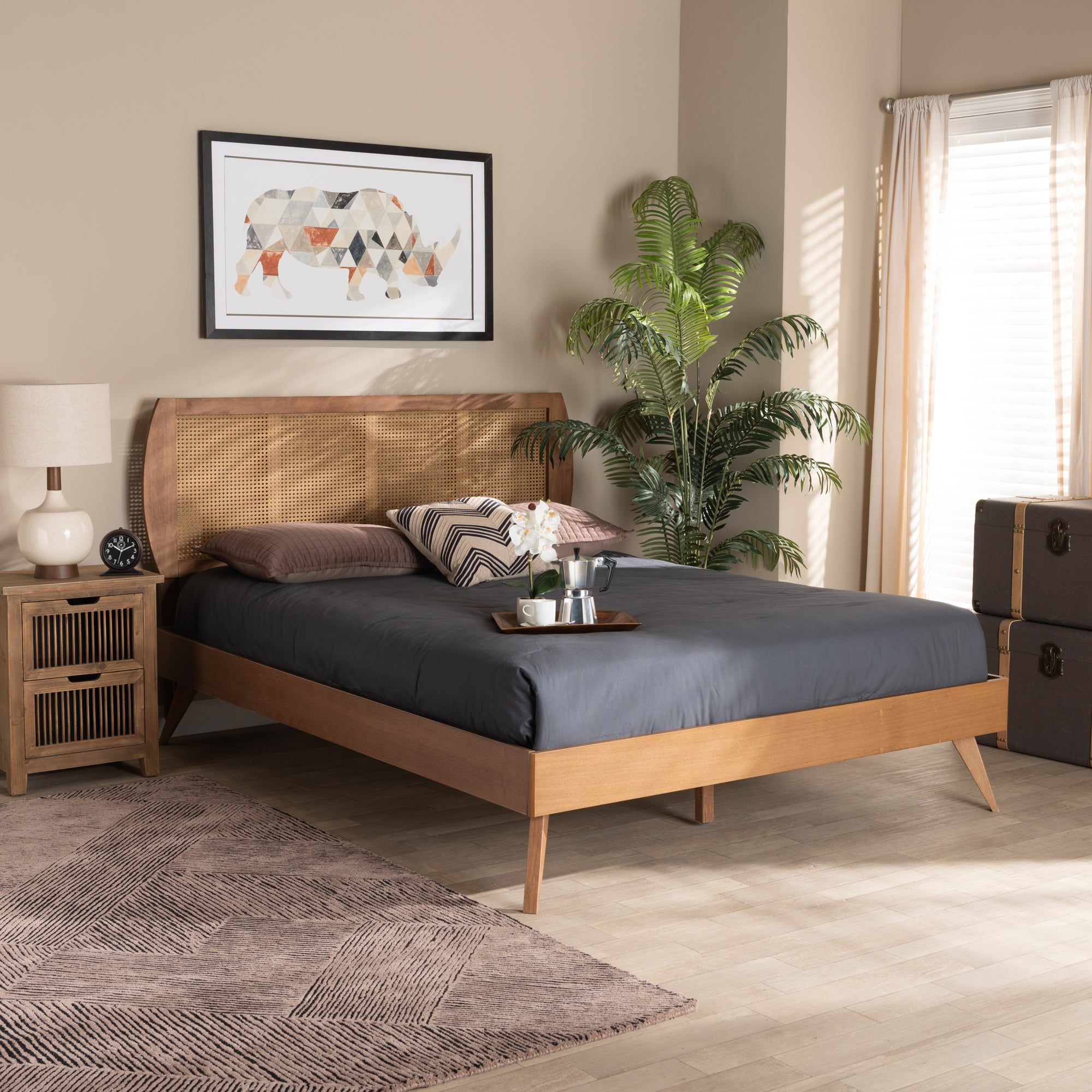 Baxton Studio Asami Mid-Century Modern Walnut Brown Finished Wood and Synthetic Rattan Queen Size Platform Bed