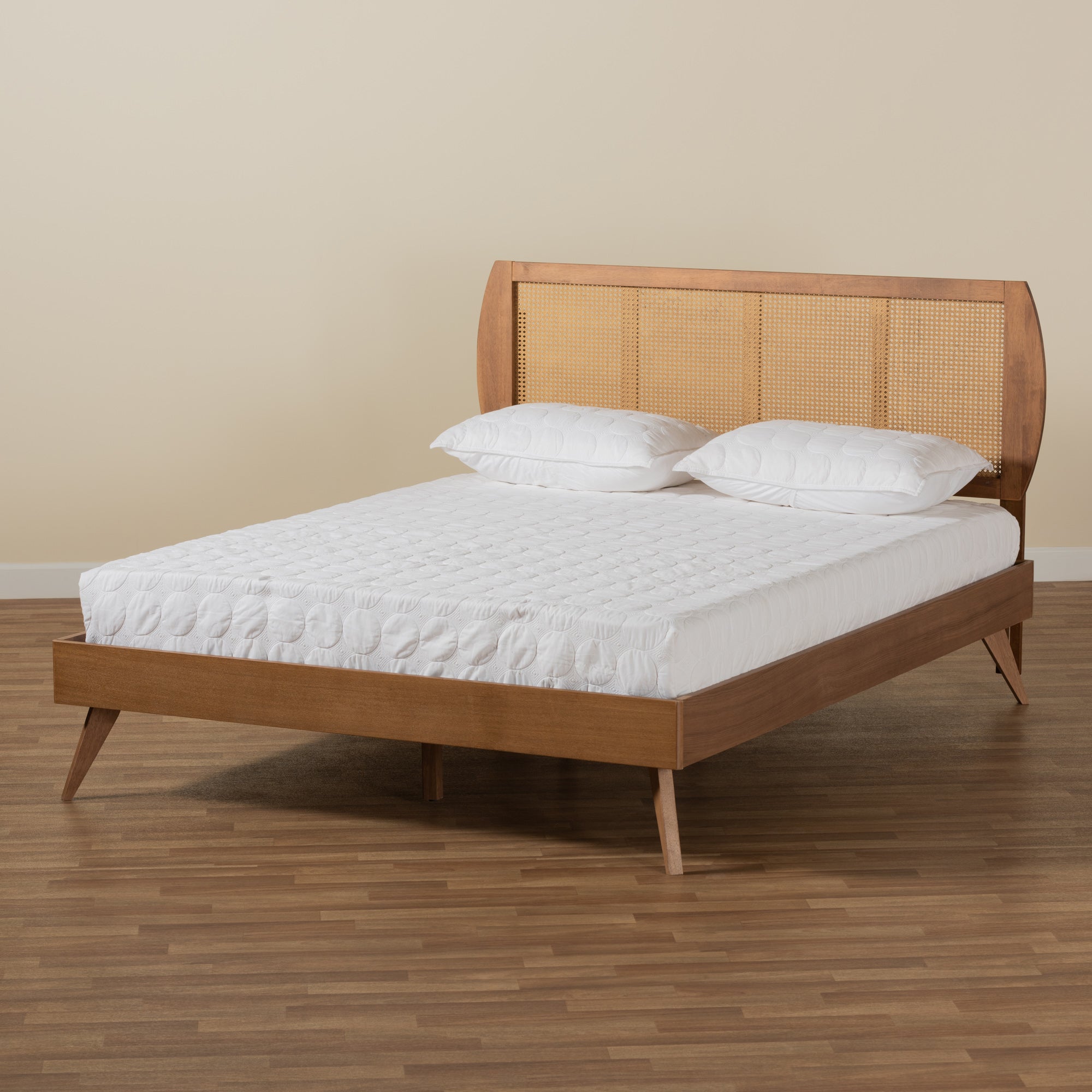Baxton Studio Asami Mid-Century Modern Walnut Brown Finished Wood and Synthetic Rattan King Size Platform Bed