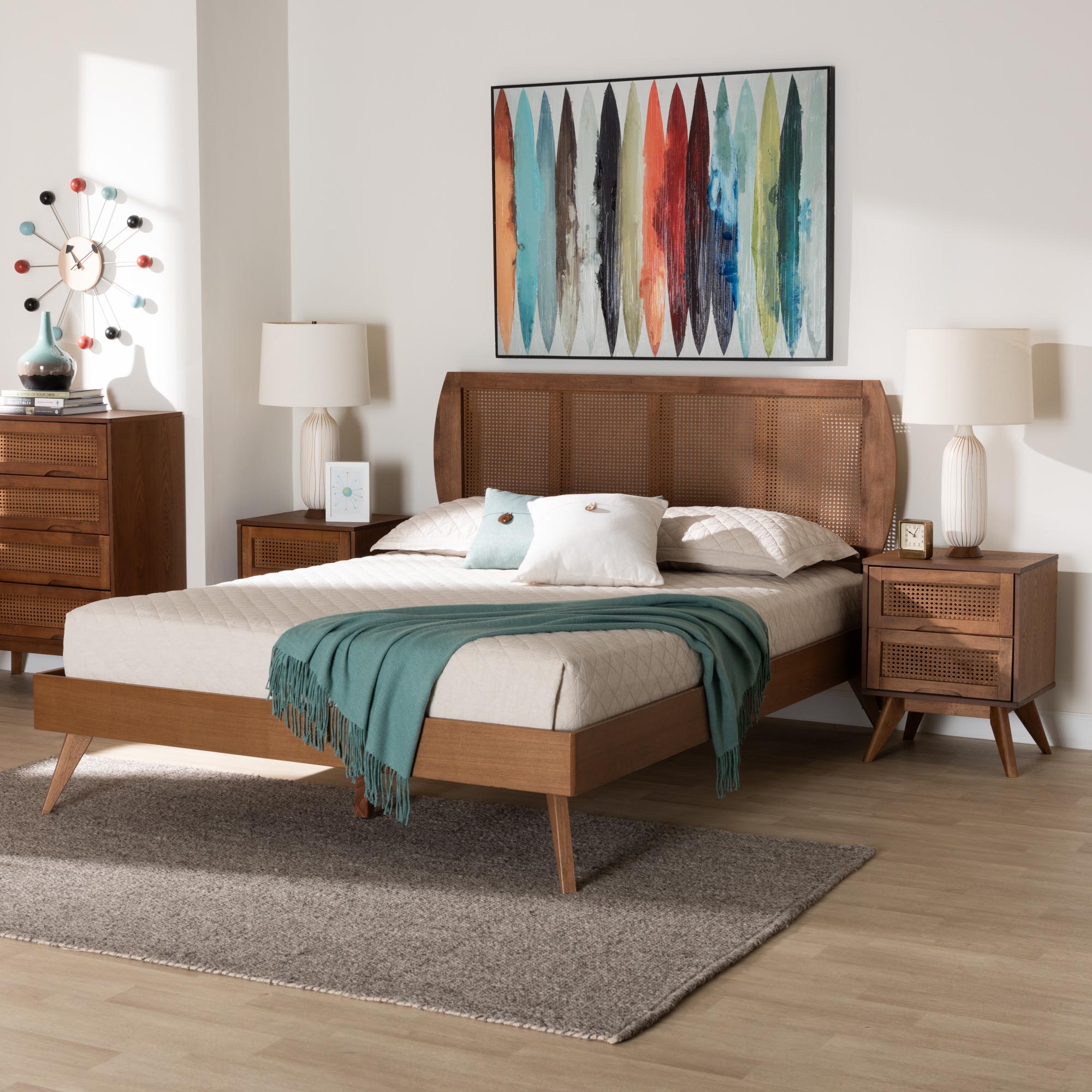 Baxton Studio Asami Mid-Century Modern Walnut Brown Finished Wood and Woven Rattan Full Size 3-Piece Bedroom Set