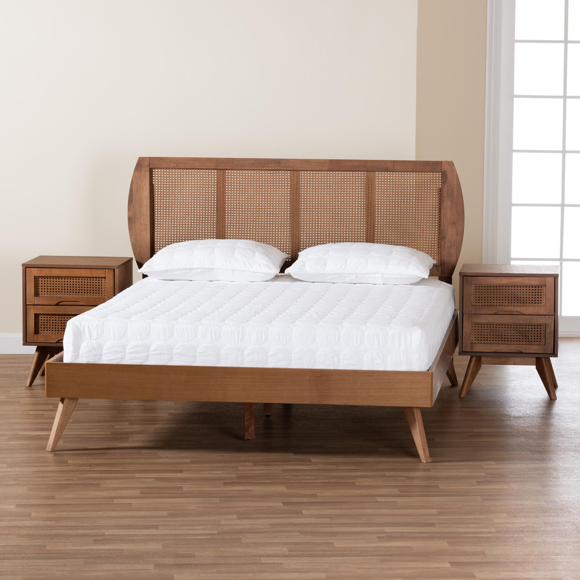 Baxton Studio Asami Mid-Century Modern Walnut Brown Finished Wood and Woven Rattan Full Size 3-Piece Bedroom Set