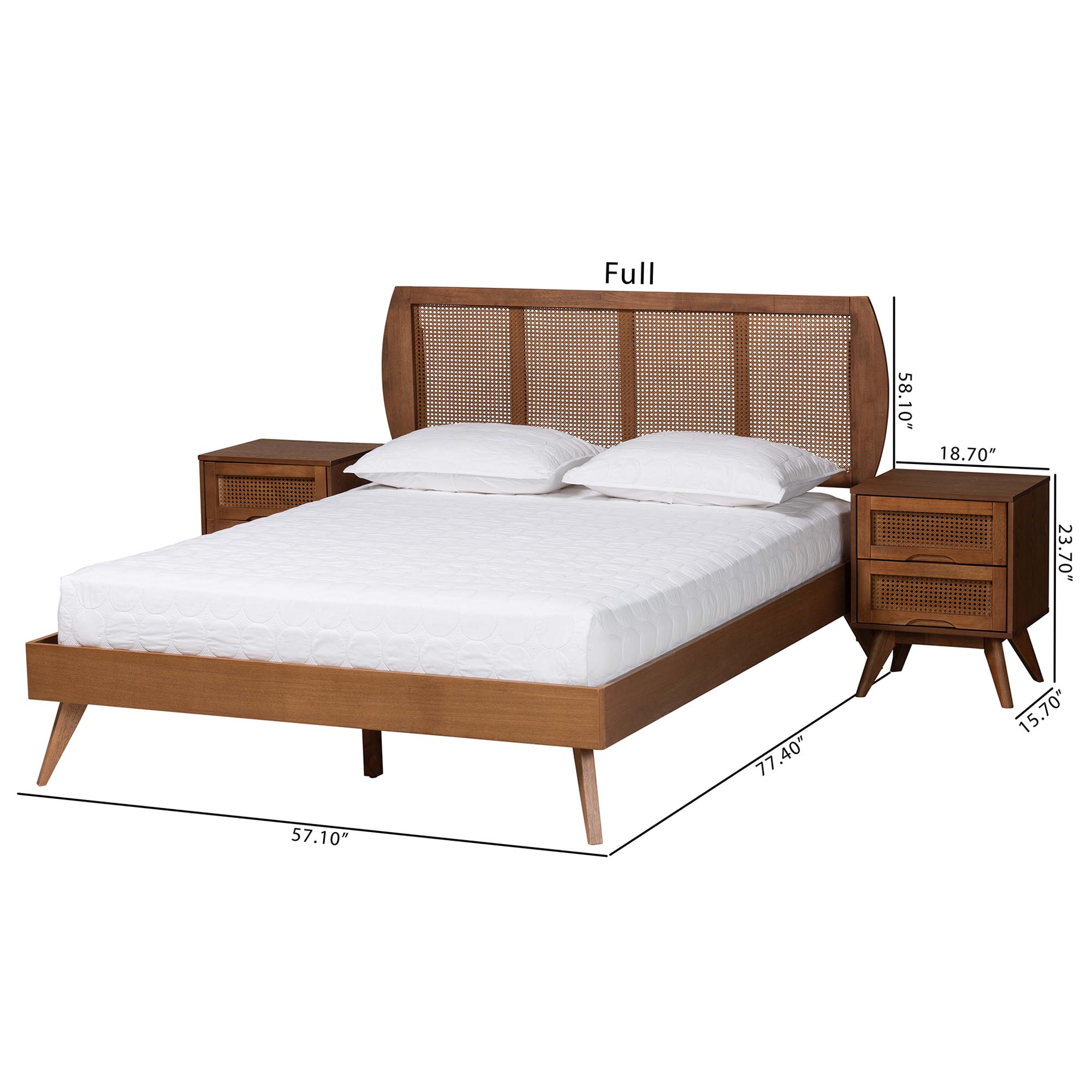 Baxton Studio Asami Mid-Century Modern Walnut Brown Finished Wood and Woven Rattan Full Size 3-Piece Bedroom Set