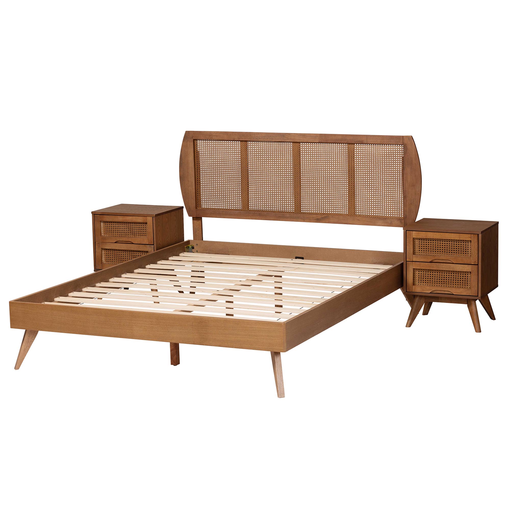 Baxton Studio Asami Mid-Century Modern Walnut Brown Finished Wood and Woven Rattan Full Size 3-Piece Bedroom Set