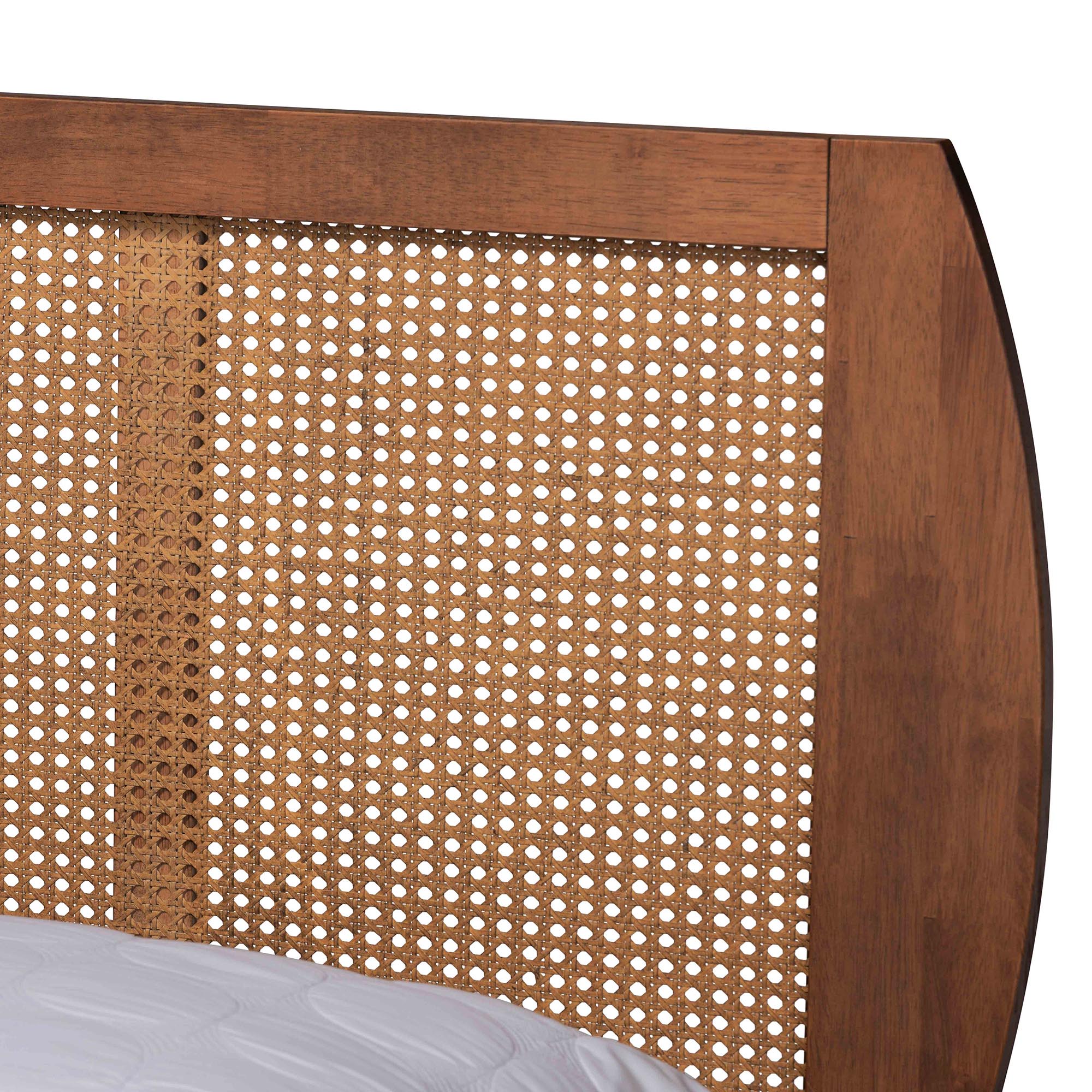 Baxton Studio Asami Mid-Century Modern Walnut Brown Finished Wood and Woven Rattan Full Size 3-Piece Bedroom Set