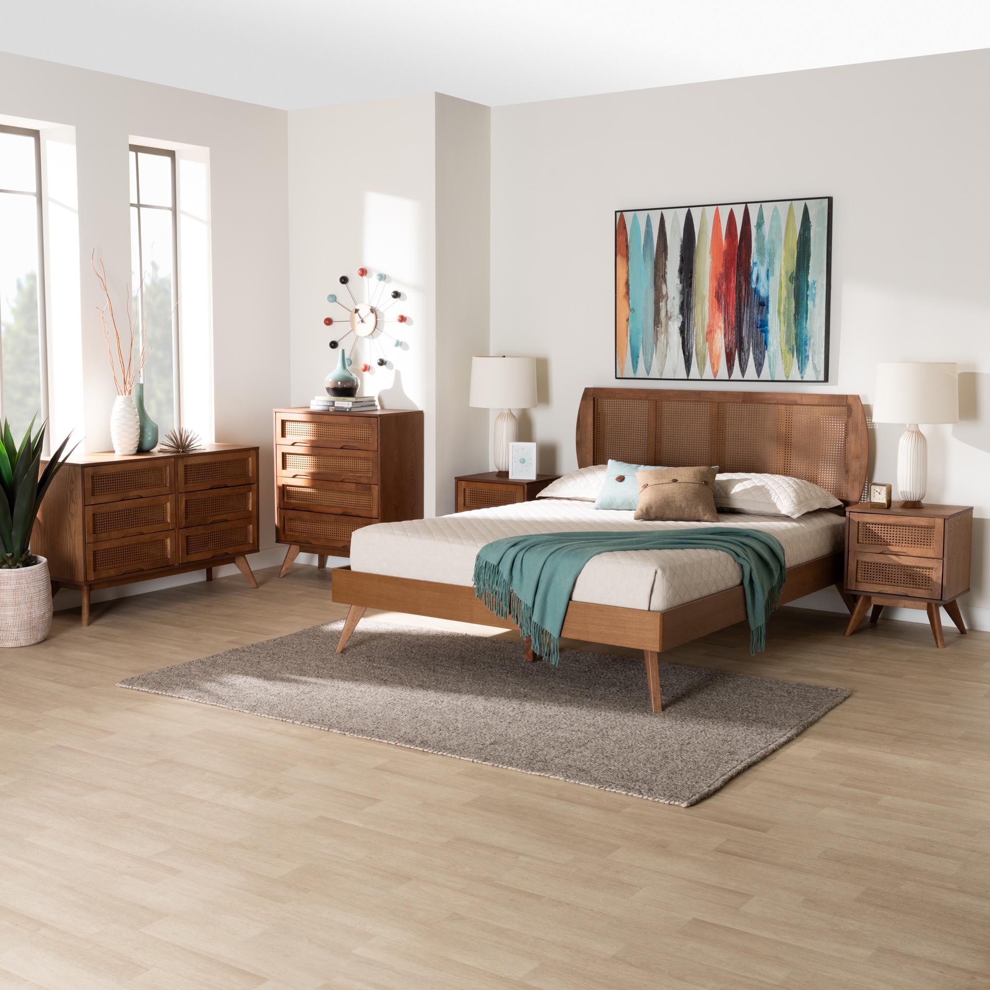 Baxton Studio Asami Mid-Century Modern Walnut Brown Finished Wood and Woven Rattan Full Size 5-Piece Bedroom Set