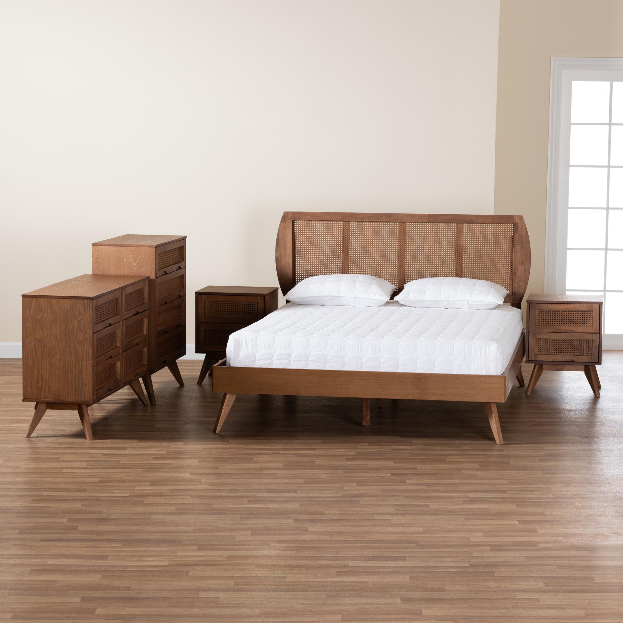 Baxton Studio Asami Mid-Century Modern Walnut Brown Finished Wood and Woven Rattan King Size 5-Piece Bedroom Set