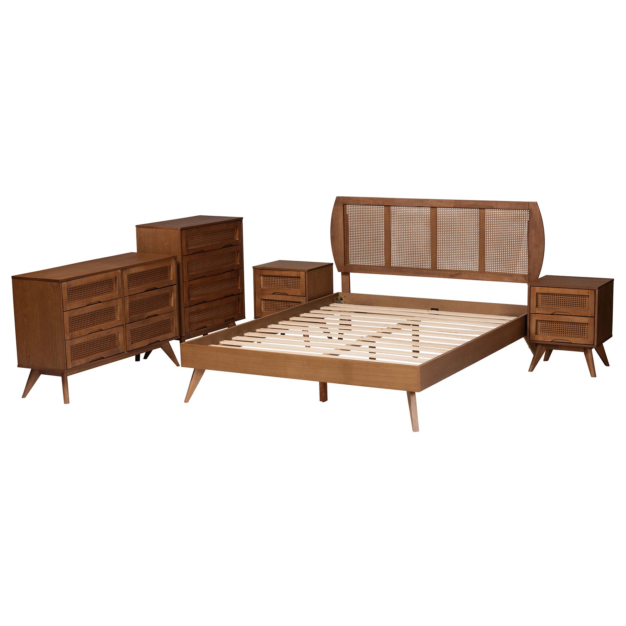 Baxton Studio Asami Mid-Century Modern Walnut Brown Finished Wood and Woven Rattan Full Size 5-Piece Bedroom Set