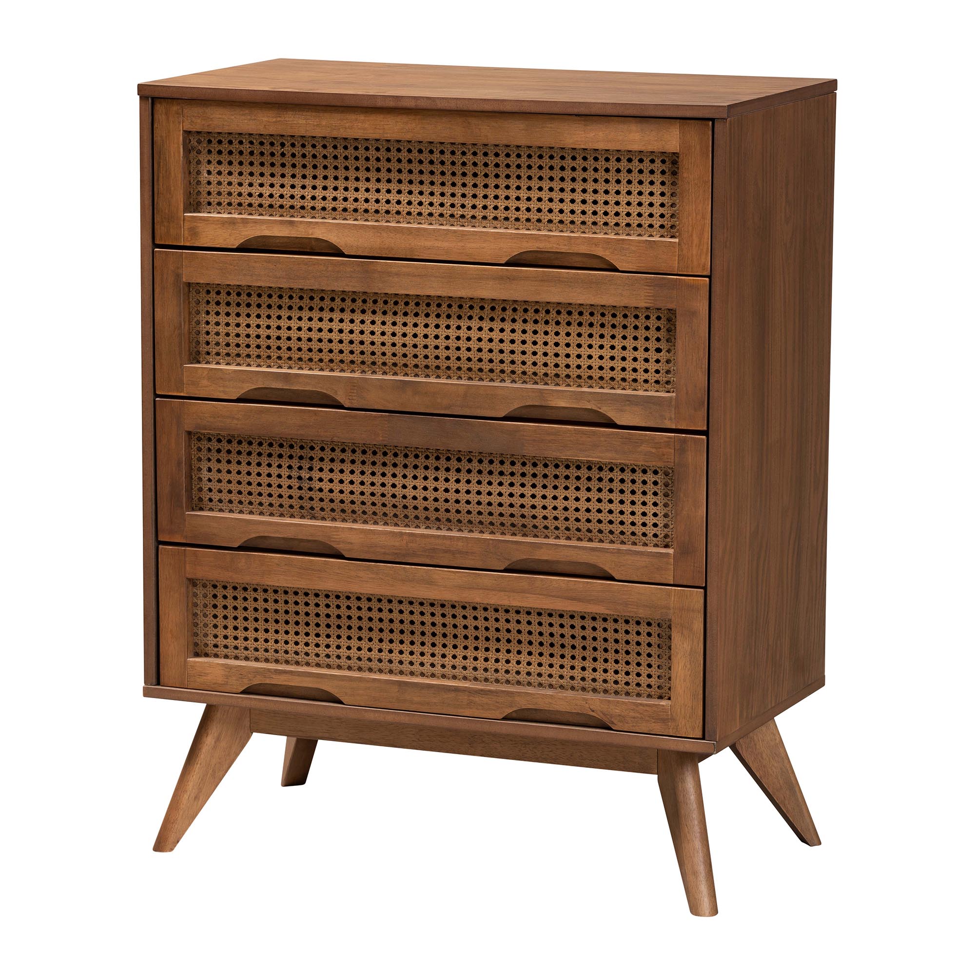 Baxton Studio Asami Mid-Century Modern Walnut Brown Finished Wood and Woven Rattan King Size 5-Piece Bedroom Set