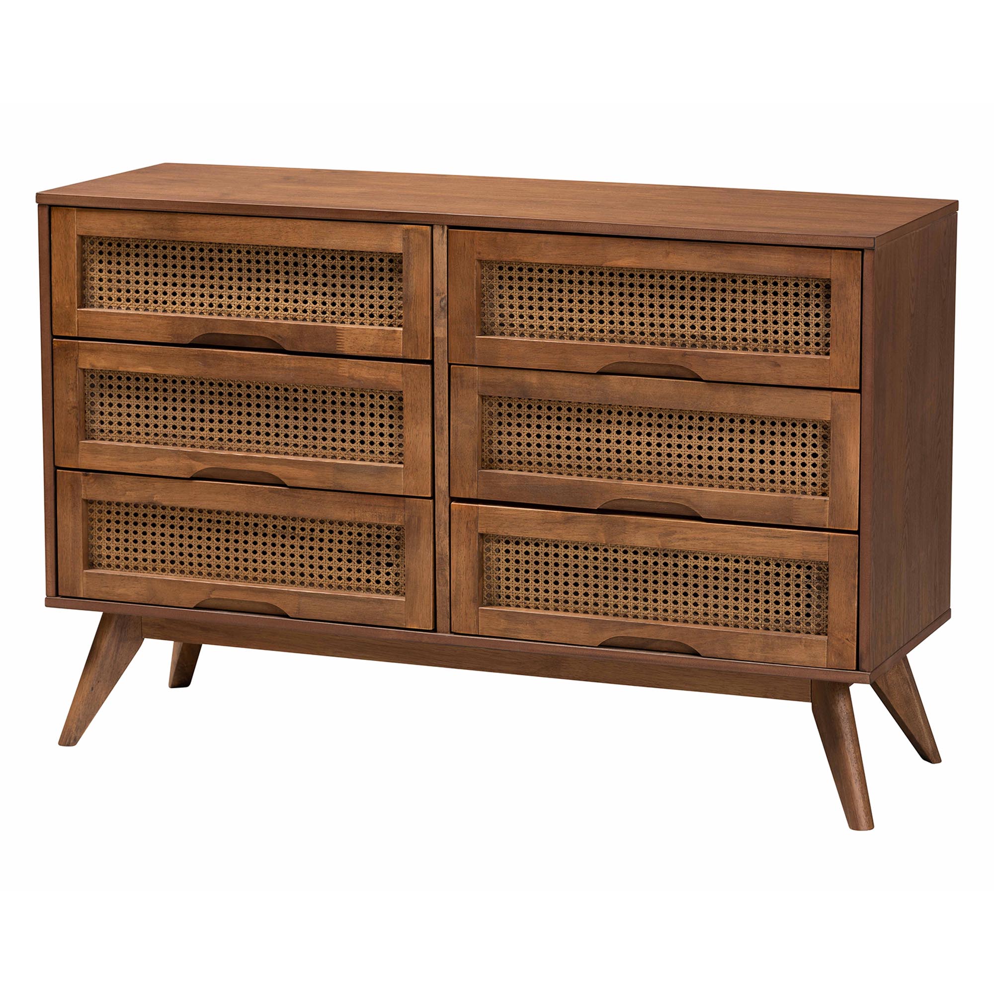 Baxton Studio Asami Mid-Century Modern Walnut Brown Finished Wood and Woven Rattan King Size 5-Piece Bedroom Set