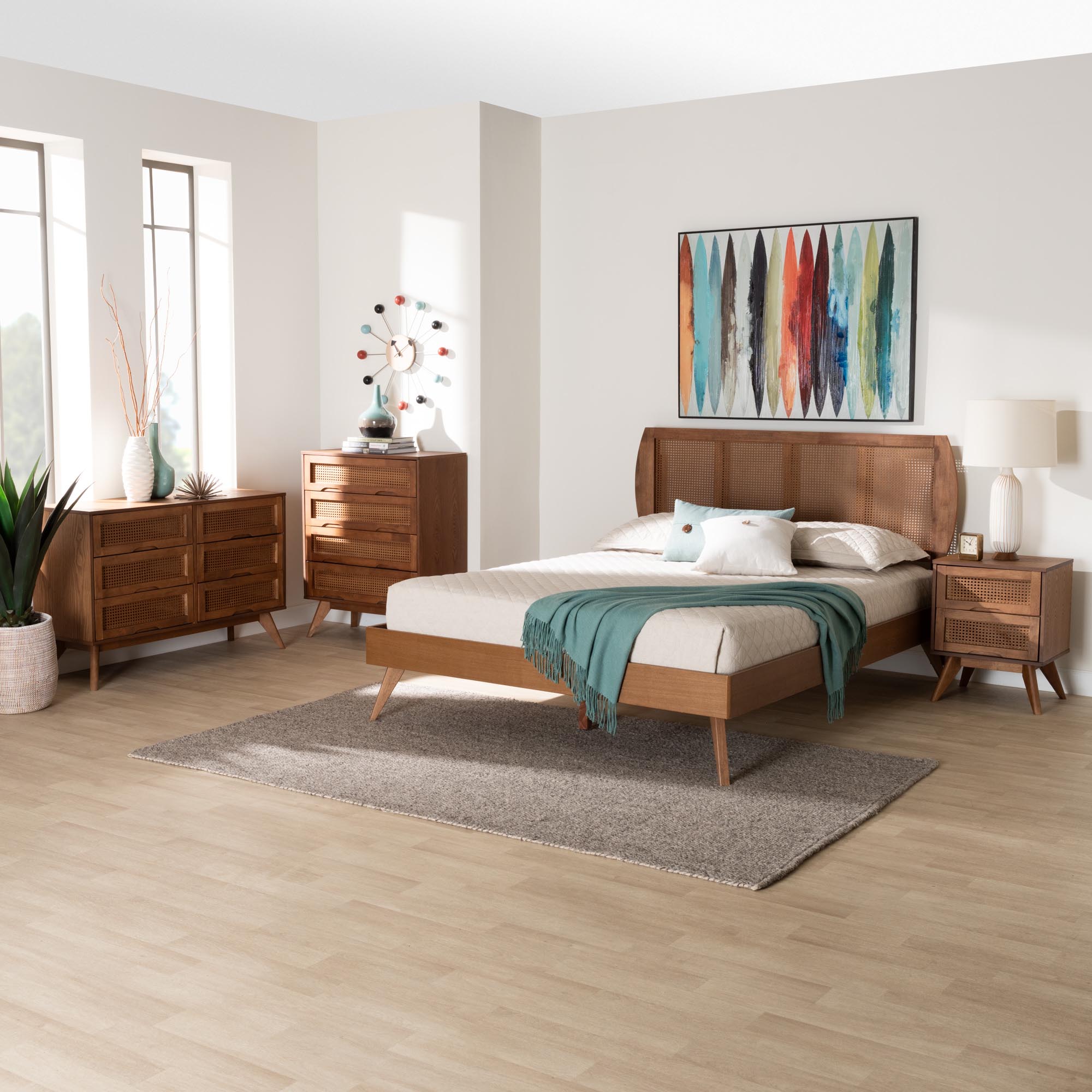 Baxton Studio Asami Mid-Century Modern Walnut Brown Finished Wood and Woven Rattan King Size 4-Piece Bedroom Set