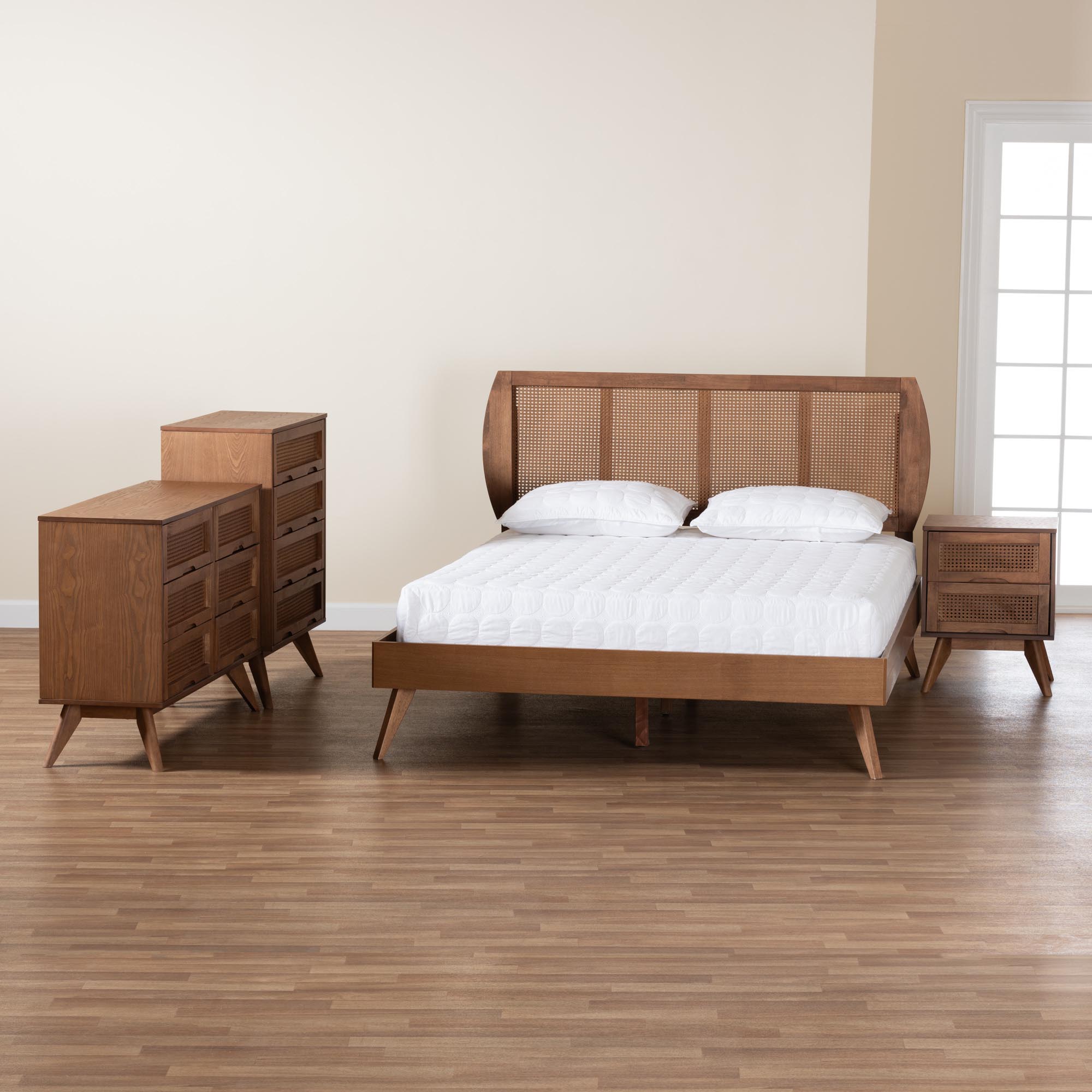 Baxton Studio Asami Mid-Century Modern Walnut Brown Finished Wood and Woven Rattan King Size 4-Piece Bedroom Set