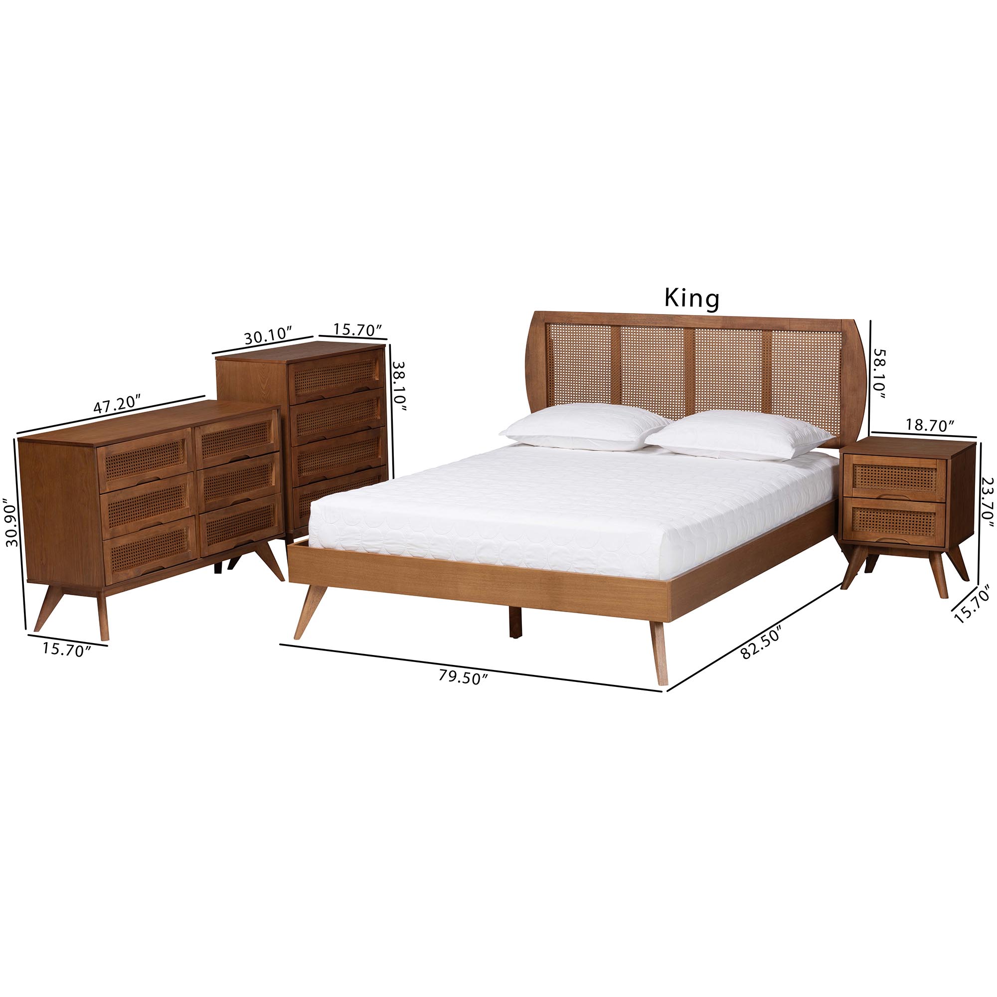 Baxton Studio Asami Mid-Century Modern Walnut Brown Finished Wood and Woven Rattan King Size 4-Piece Bedroom Set