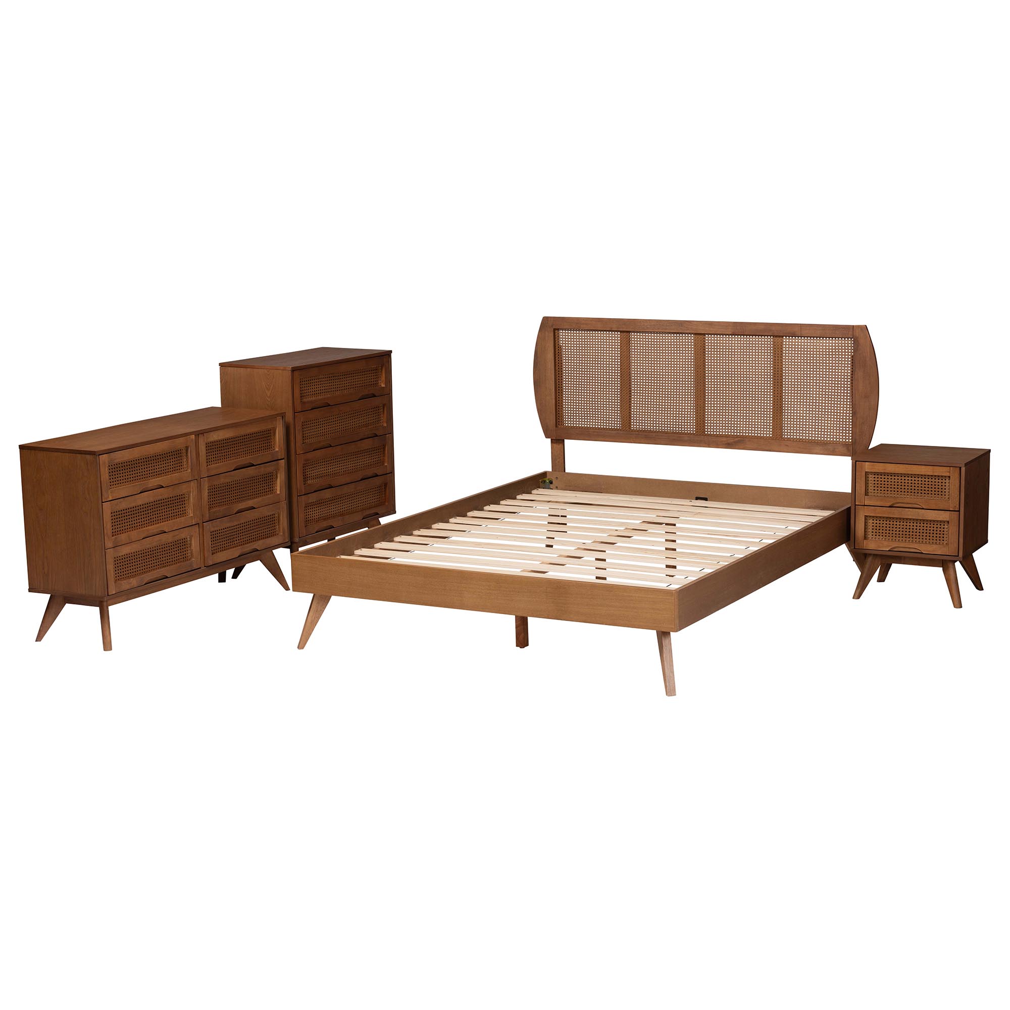 Baxton Studio Asami Mid-Century Modern Walnut Brown Finished Wood and Woven Rattan Queen Size 4-Piece Bedroom Set