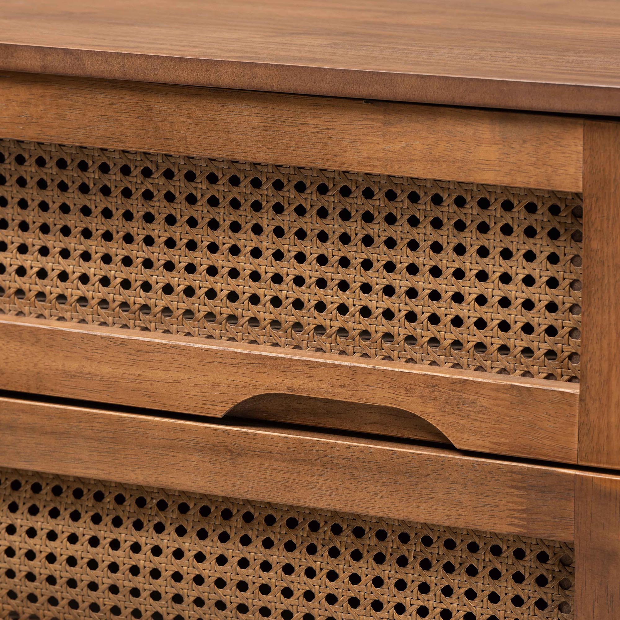 Baxton Studio Asami Mid-Century Modern Walnut Brown Finished Wood and Woven Rattan Full Size 4-Piece Bedroom Set