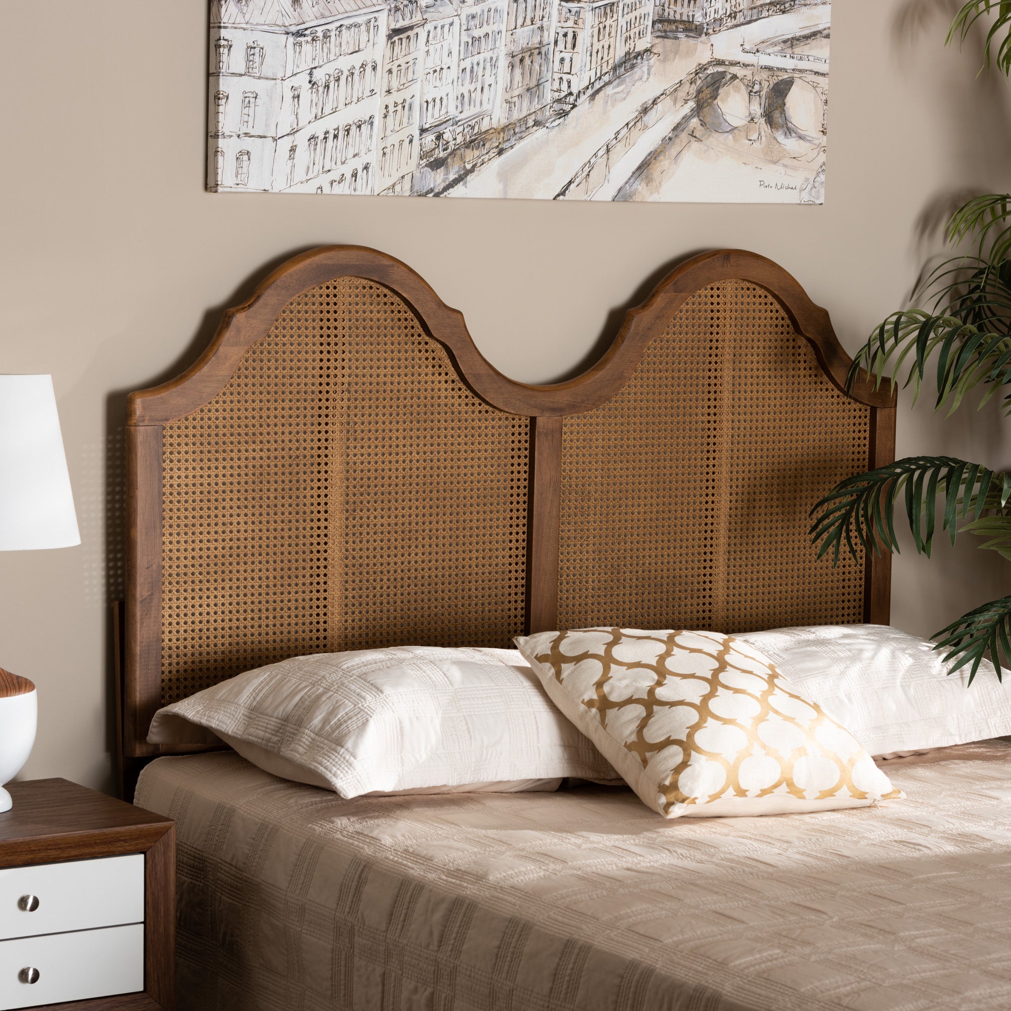 Baxton Studio Hazel Vintage Classic and Traditional Ash Walnut Finished Wood and Synthetic Rattan Queen Size Arched Headboard