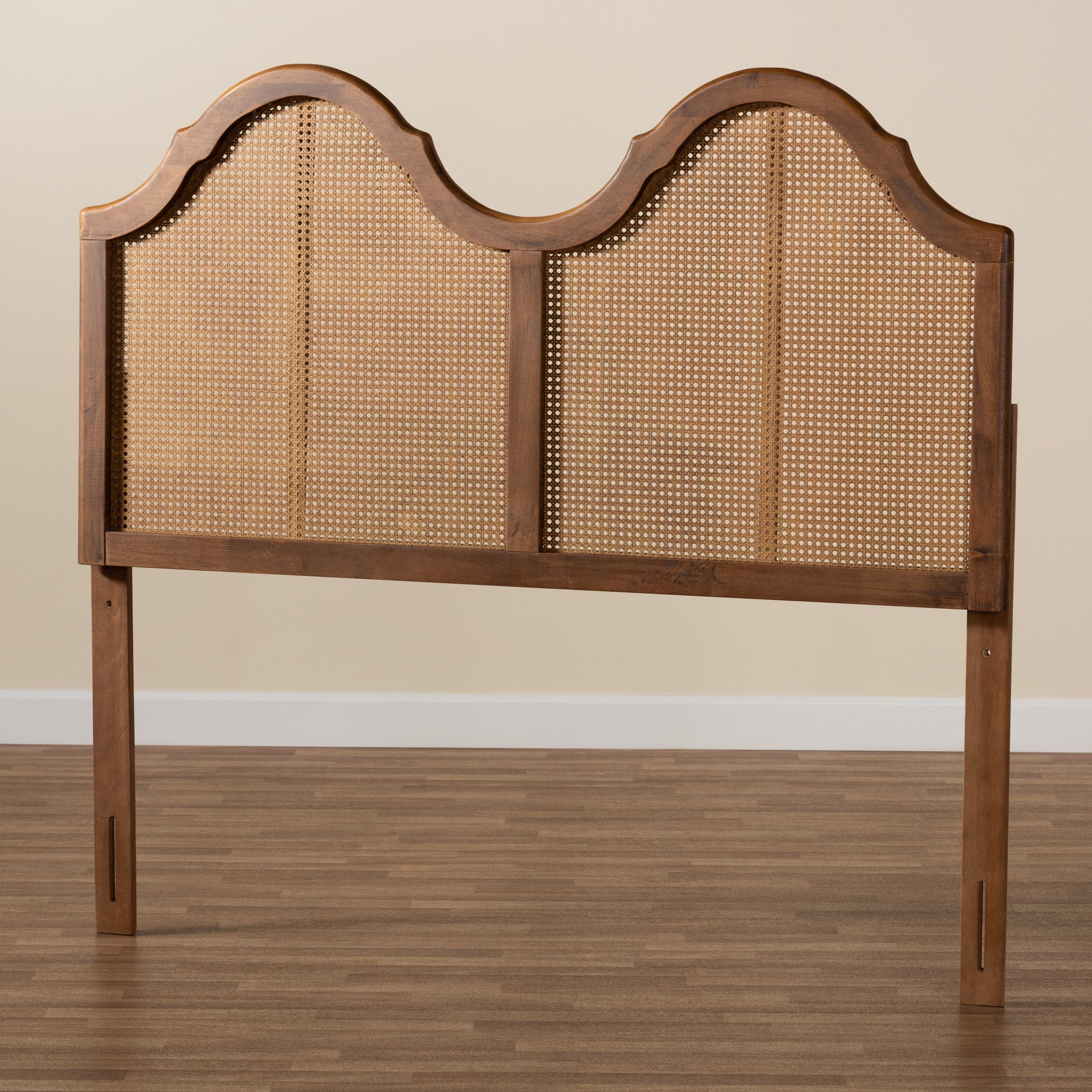 Baxton Studio Hazel Vintage Classic and Traditional Ash Walnut Finished Wood and Synthetic Rattan Full Size Arched Headboard