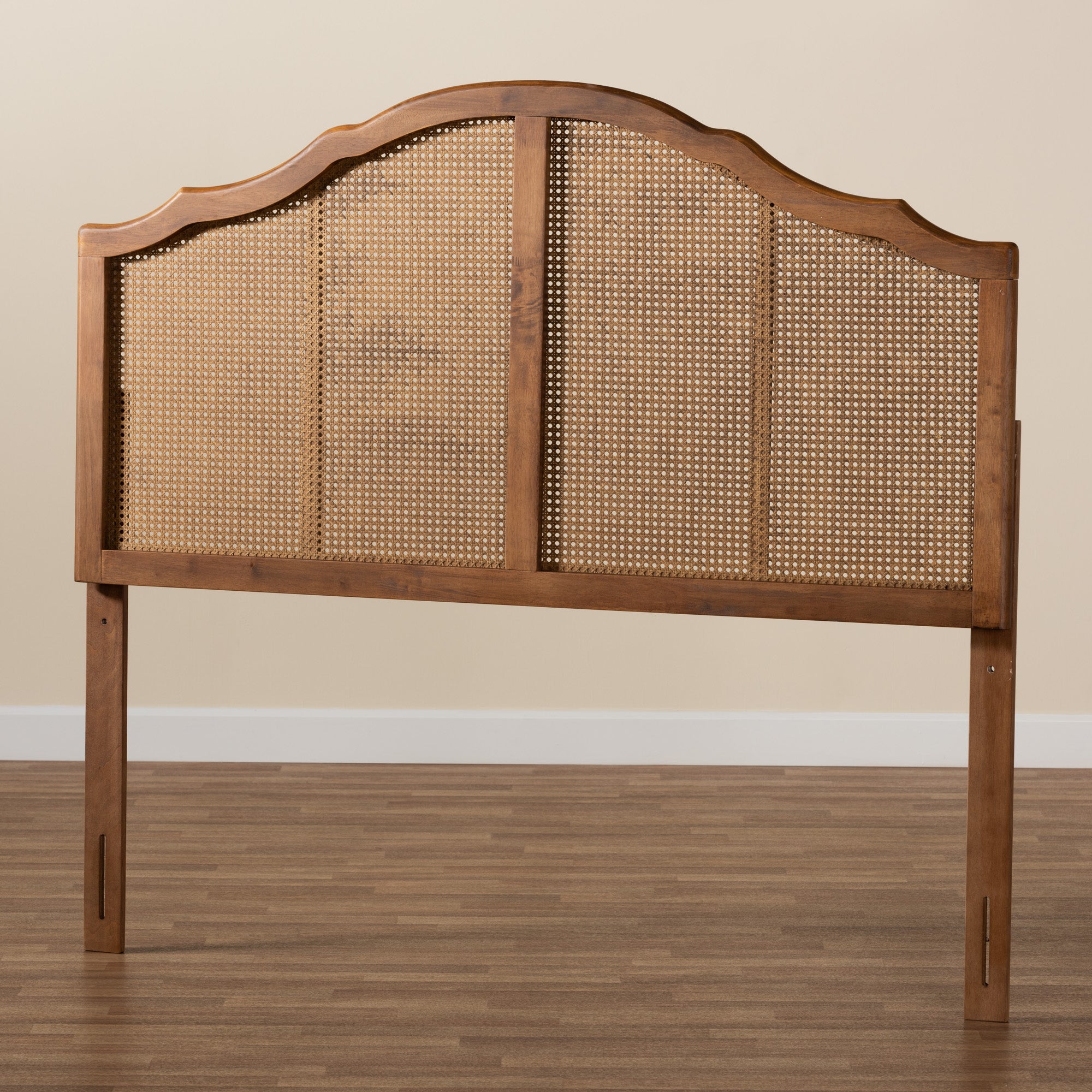 Baxton Studio Iris Vintage Classic and Traditional Ash Walnut Finished Wood and Synthetic Rattan Queen Size Arched Headboard