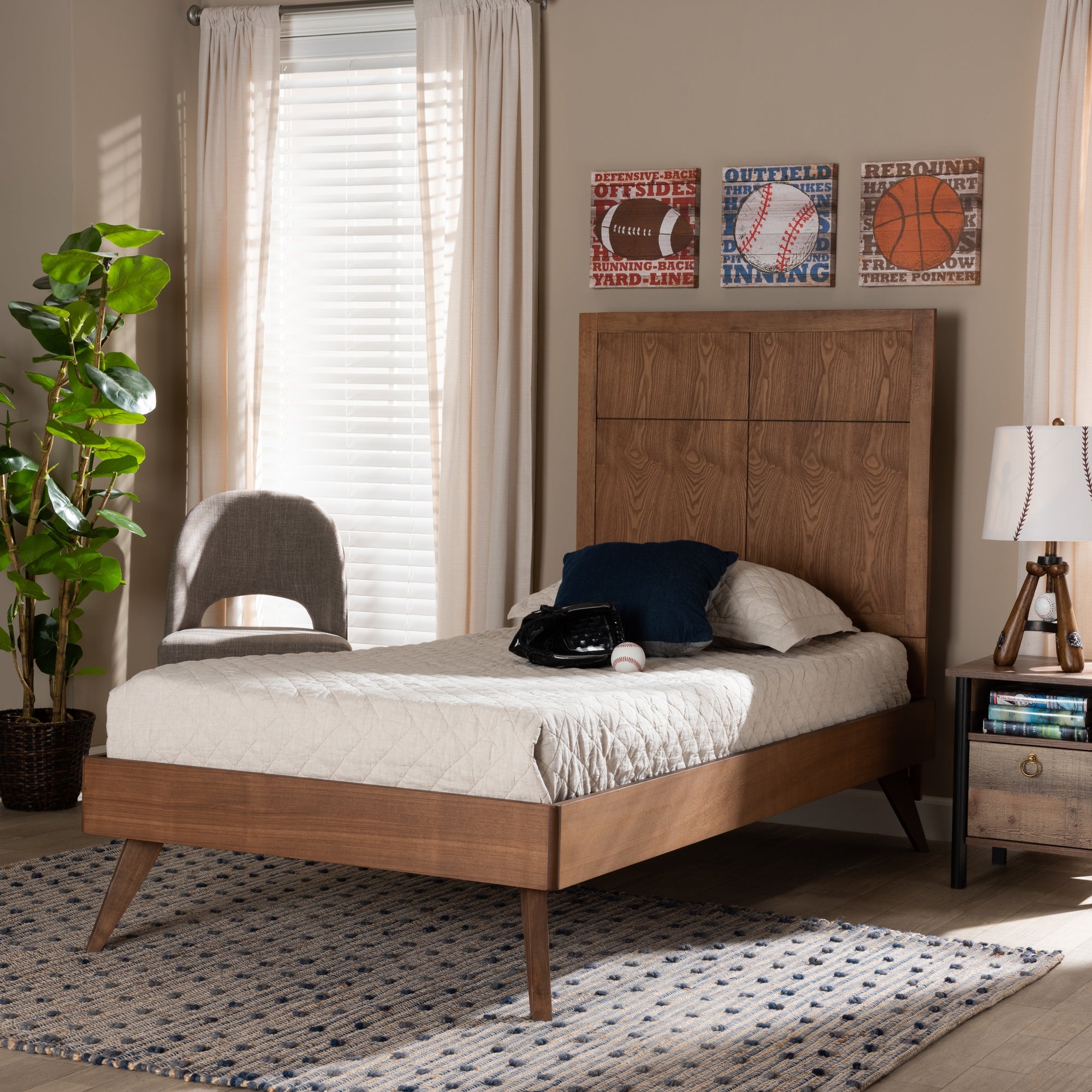 Baxton Studio Noela Mid-Century Modern Walnut Brown Finished Wood Twin Size Platform Bed