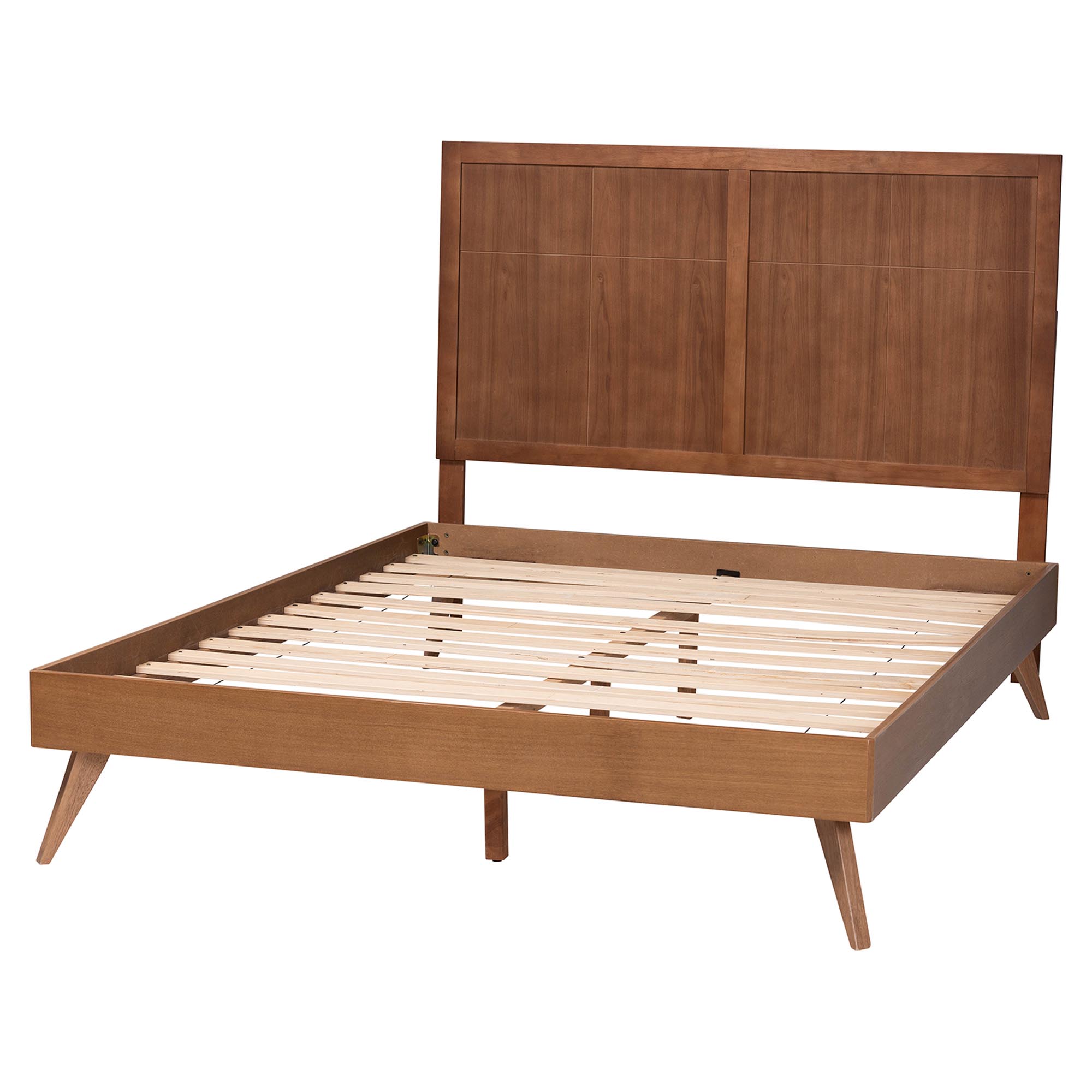 Baxton Studio Noela Platform Bed - Mid-Century Modern Wood Bed Frame with Panel Headboard and Angled Legs for Bedroom or Guest Room, Queen
