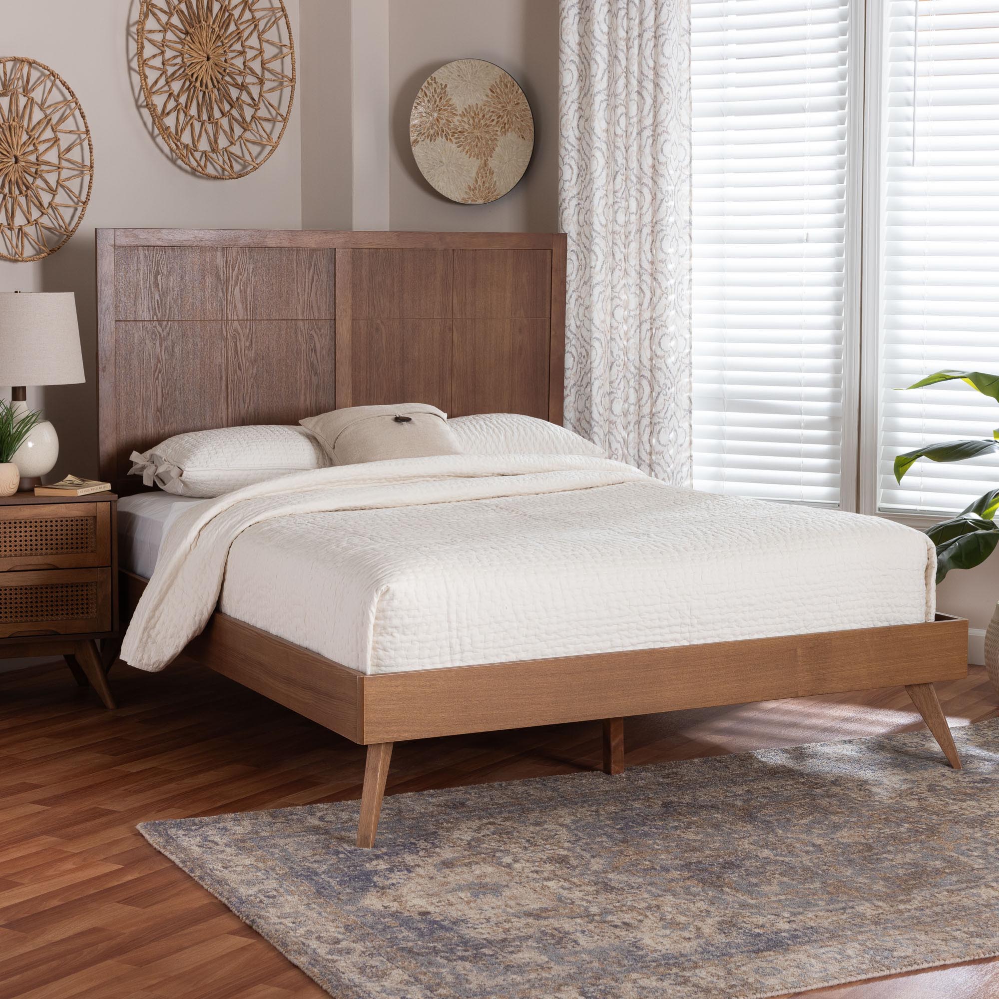 Baxton Studio Noela Platform Bed - Mid-Century Modern Wood Bed Frame with Panel Headboard and Angled Legs for Bedroom or Guest Room, Queen