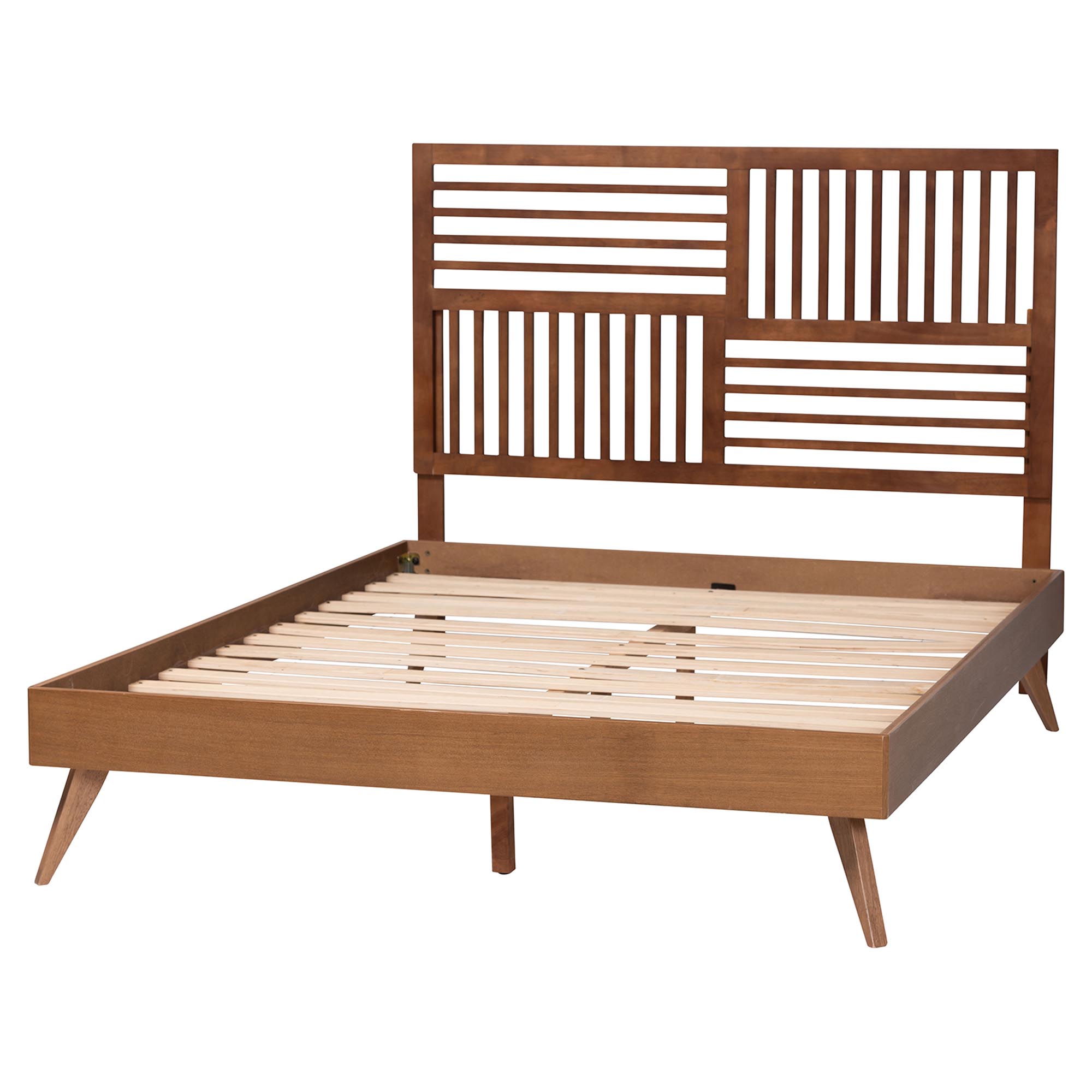Baxton Studio Gemma Platform Bed - Mid-Century Modern Bed Frame with Slatted Wood Headboard and Angled Legs for Bedroom or Guest Room, Queen