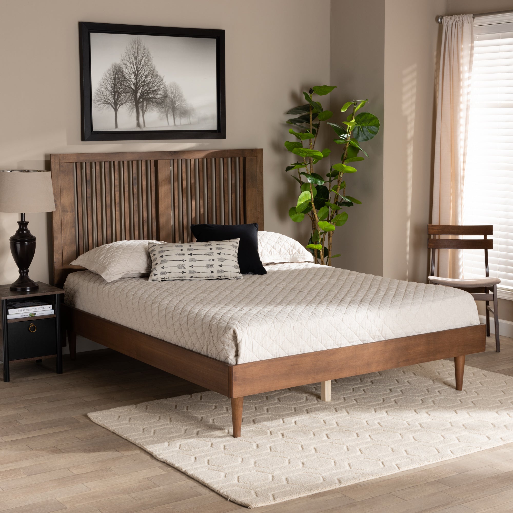 Baxton Studio Kioshi Mid-Century Modern Transitional Ash Walnut Finished Wood King Size Platform Bed