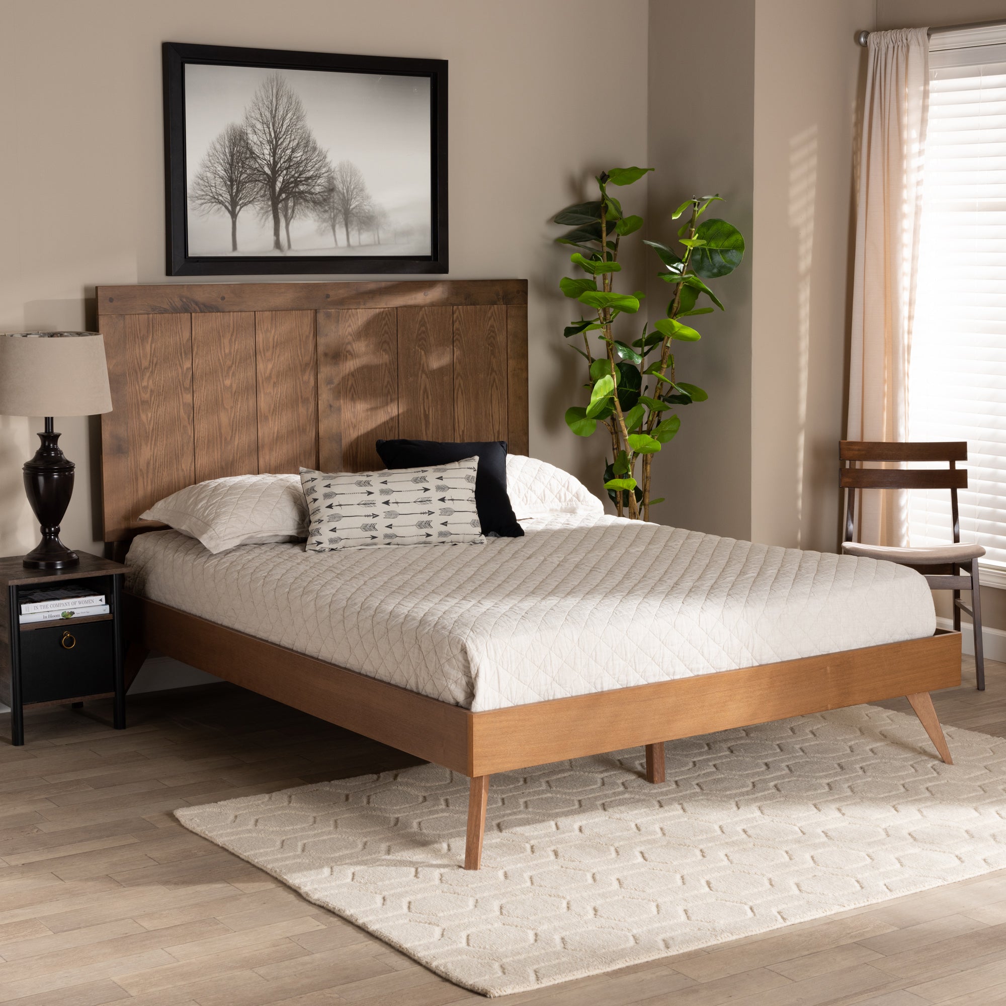 Baxton Studio Amira Mid-Century Modern Transitional Ash Walnut Finished Wood King Size Platform Bed