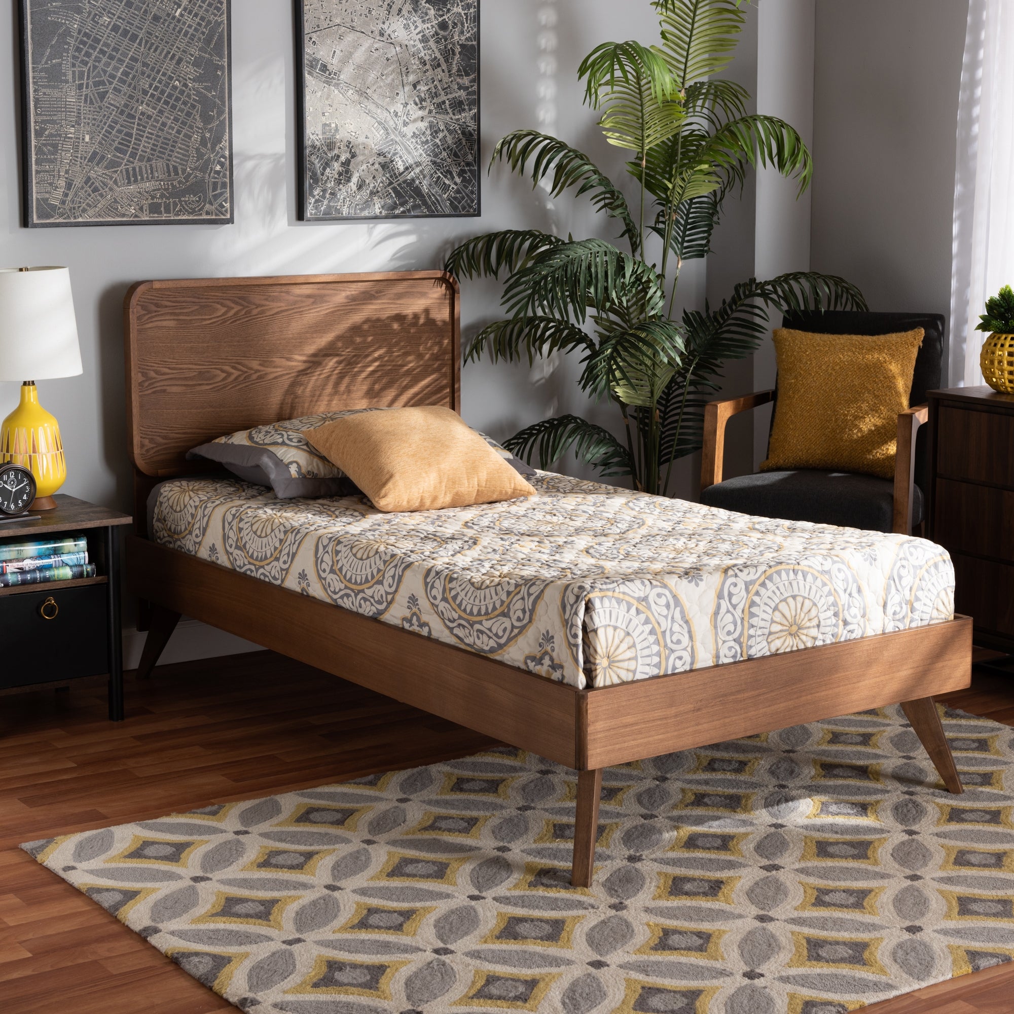 Baxton Studio Leola Mid-Century Modern Transitional Walnut Brown Finished Wood Twin Size Platform Bed