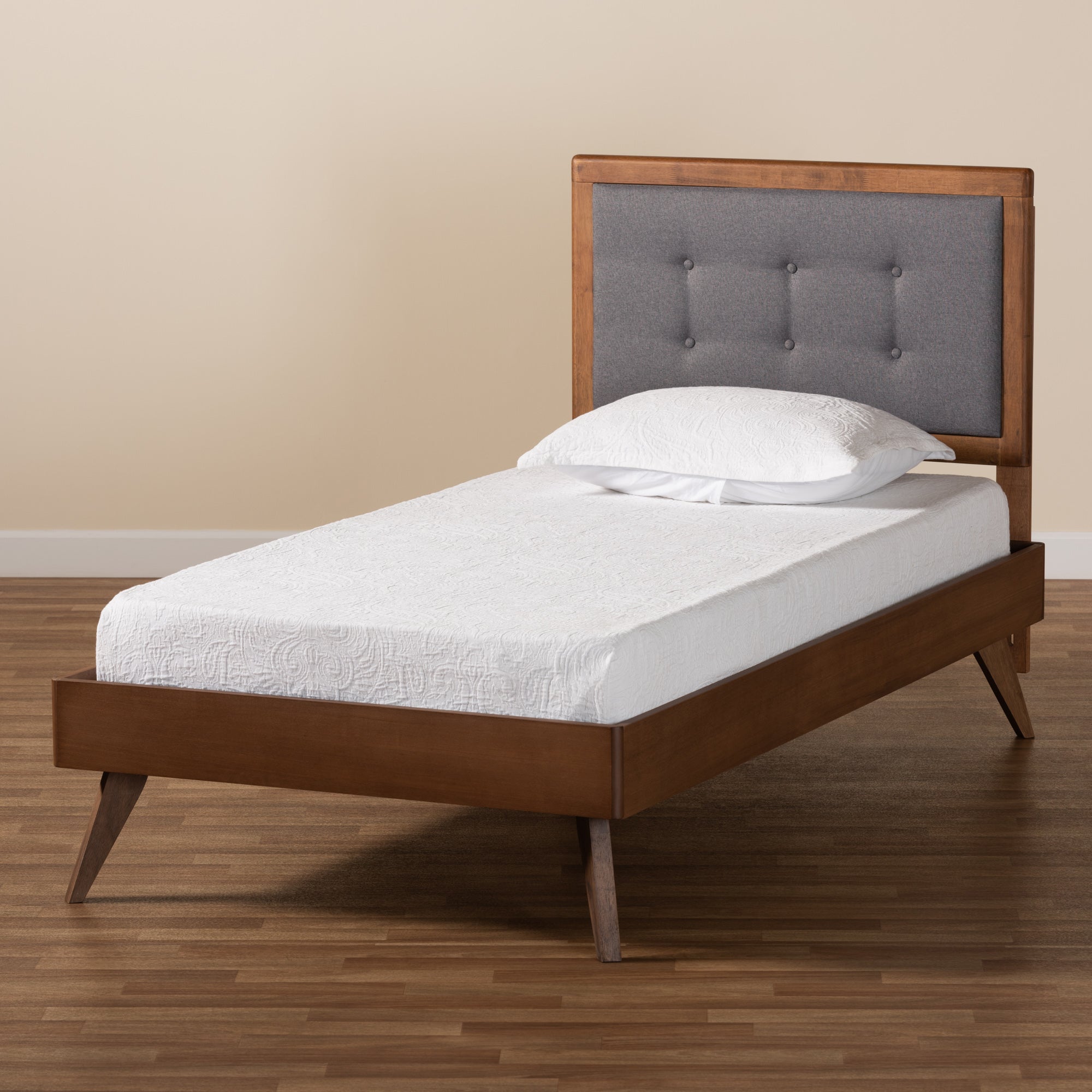 Baxton Studio Alida Mid-Century Modern Dark Grey Fabric Upholstered and Walnut Brown Finished Wood Twin Size Platform Bed