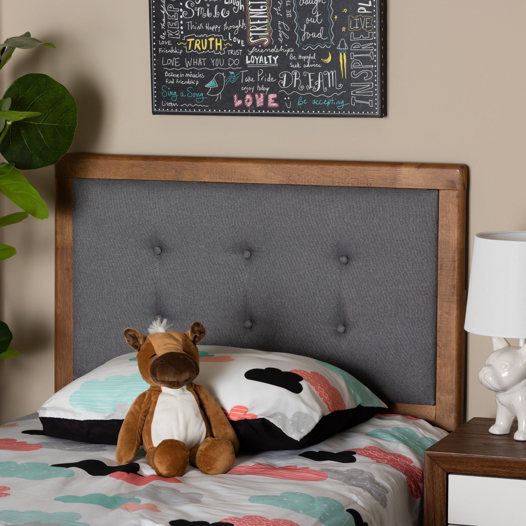 Baxton Studio Sarine Mid-Century Modern Dark Grey Fabric Upholstered and Walnut Brown Finished Wood Twin Size Headboard