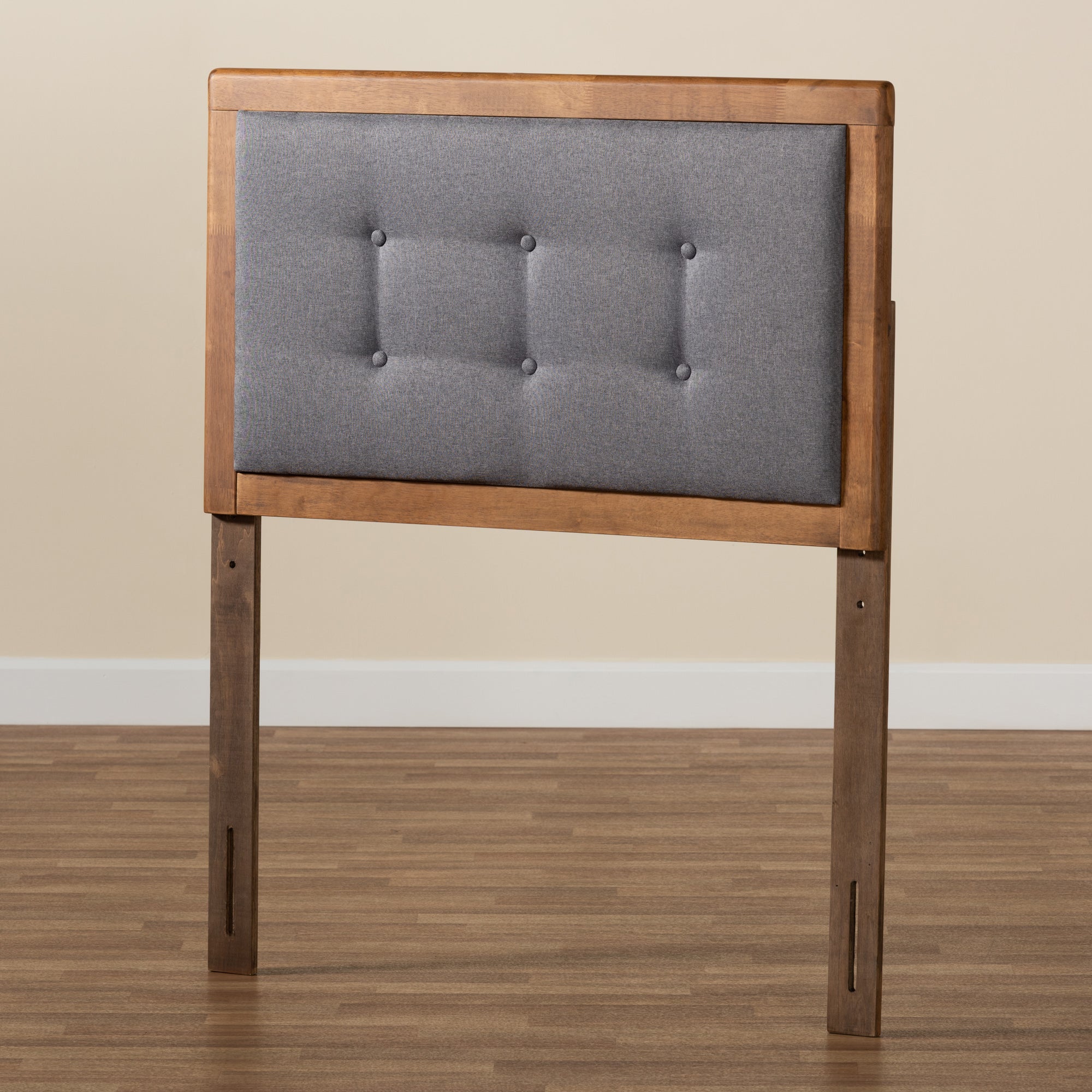 Baxton Studio Sarine Mid-Century Modern Dark Grey Fabric Upholstered and Walnut Brown Finished Wood Twin Size Headboard