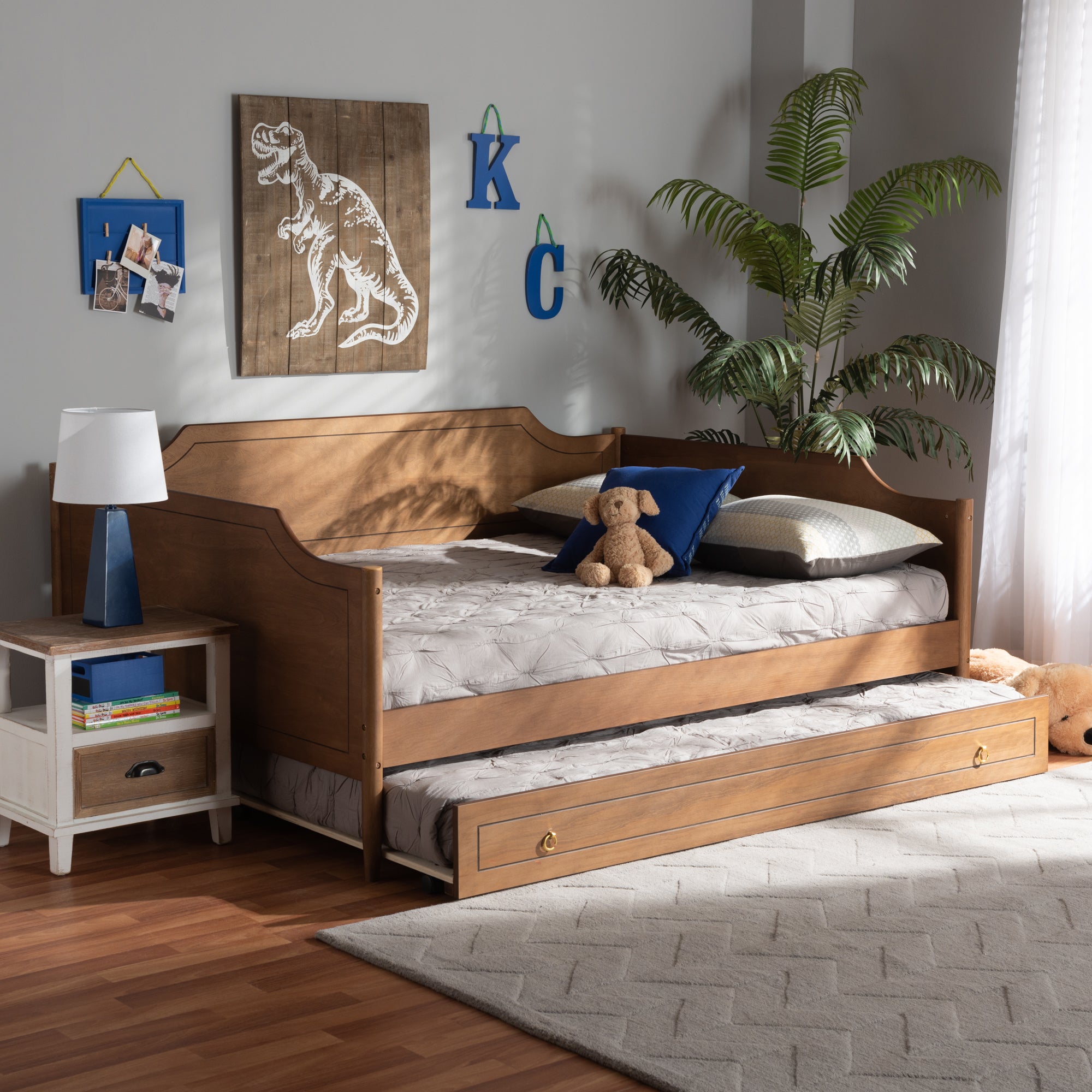 Baxton Studio Alya Classic Traditional Farmhouse Walnut Brown Finished Wood Full Size Daybed with Roll-Out Trundle Bed