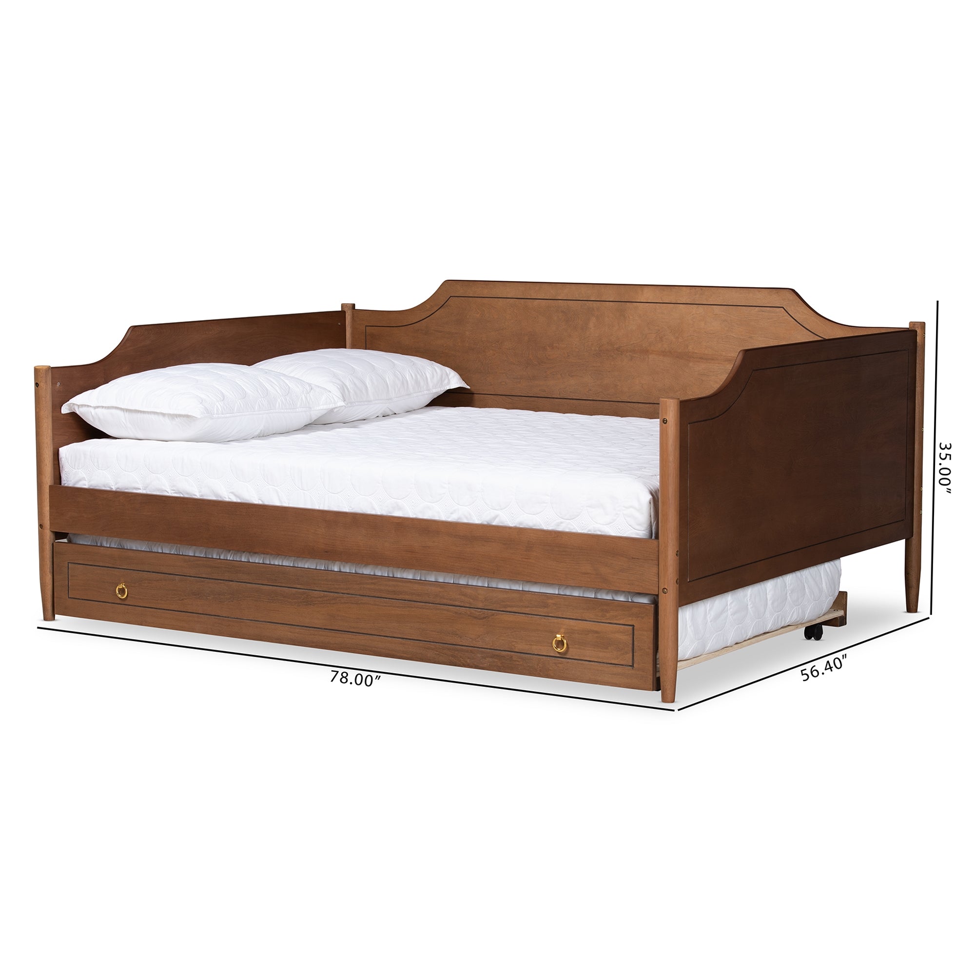 Baxton Studio Alya Classic Traditional Farmhouse Walnut Brown Finished Wood Full Size Daybed with Roll-Out Trundle Bed