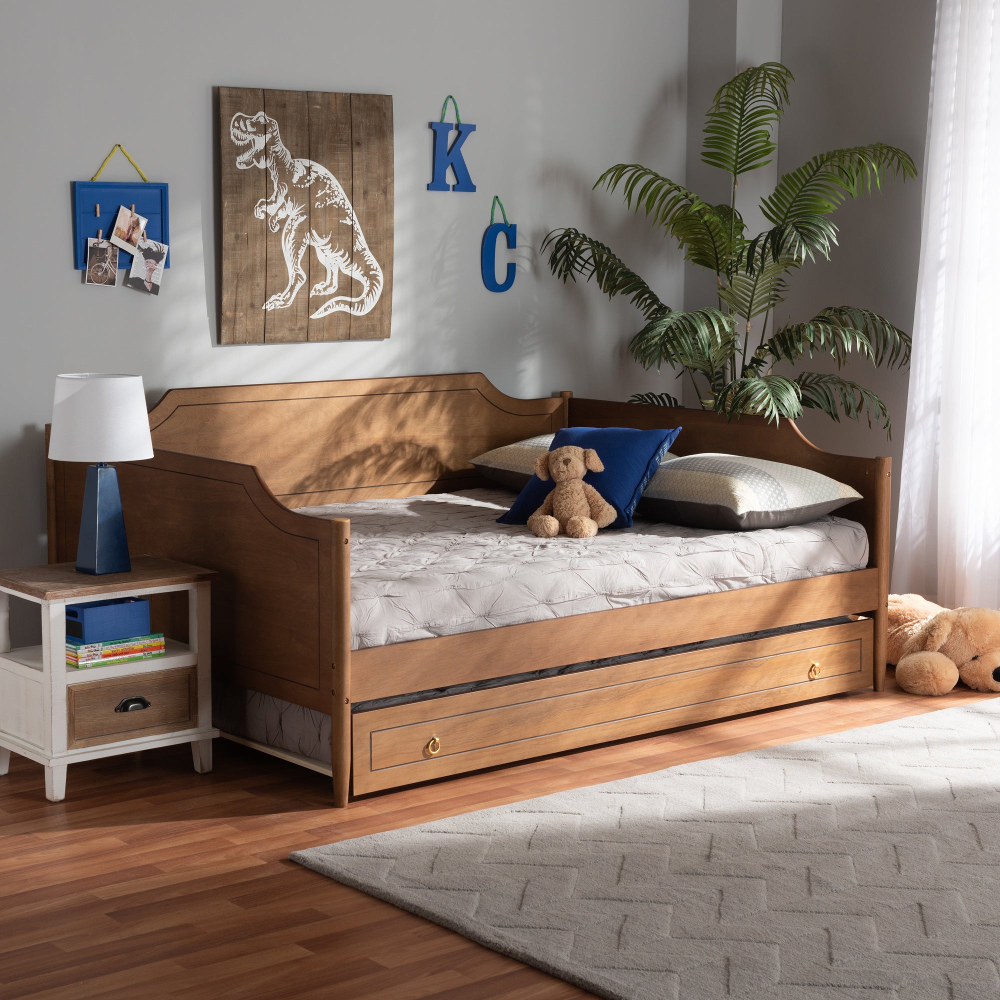 Baxton Studio Alya Classic Traditional Farmhouse Walnut Brown Finished Wood Full Size Daybed with Roll-Out Trundle Bed