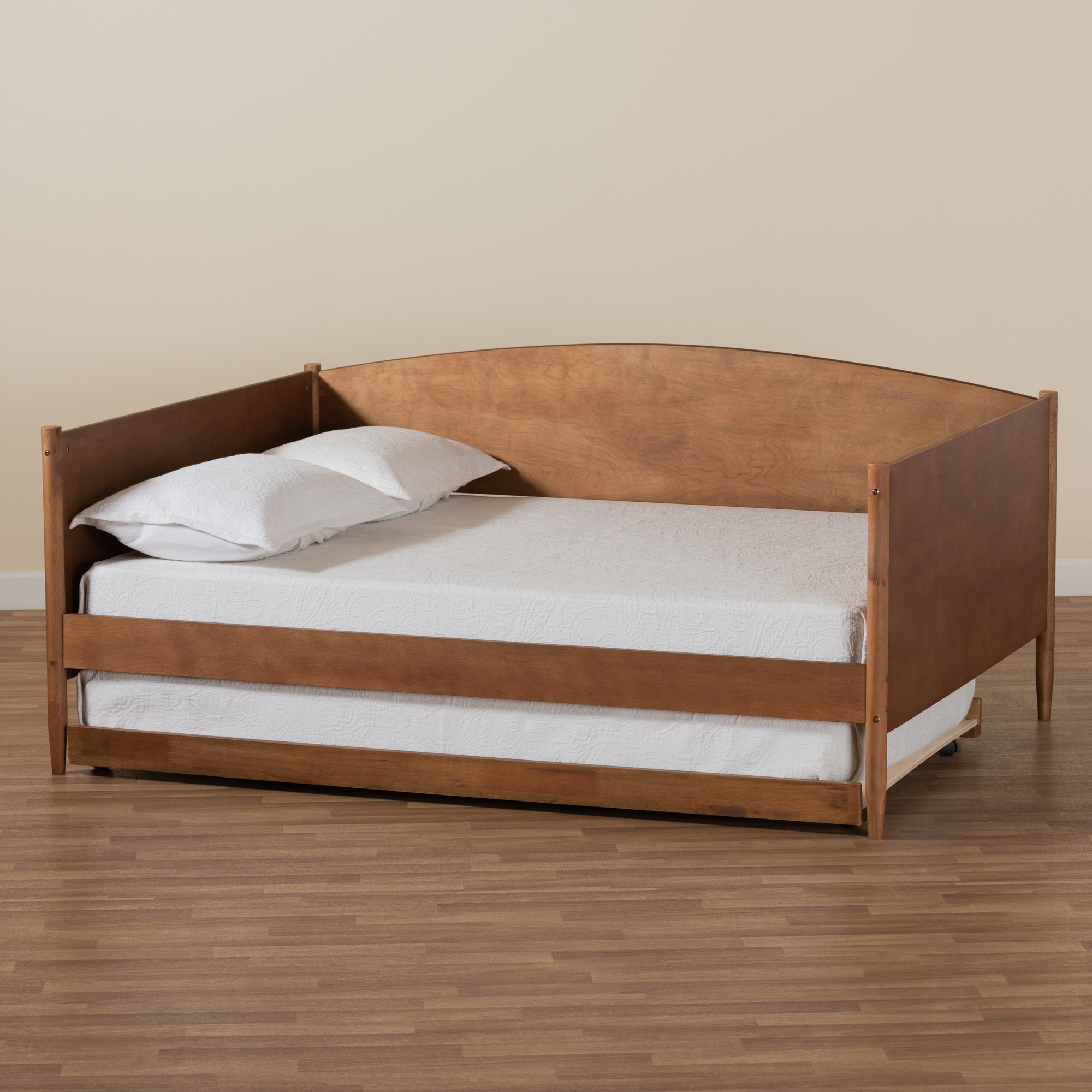 Baxton Studio Veles Mid-Century Modern Ash Walnut Finished Wood Full Size Daybed with Trundle