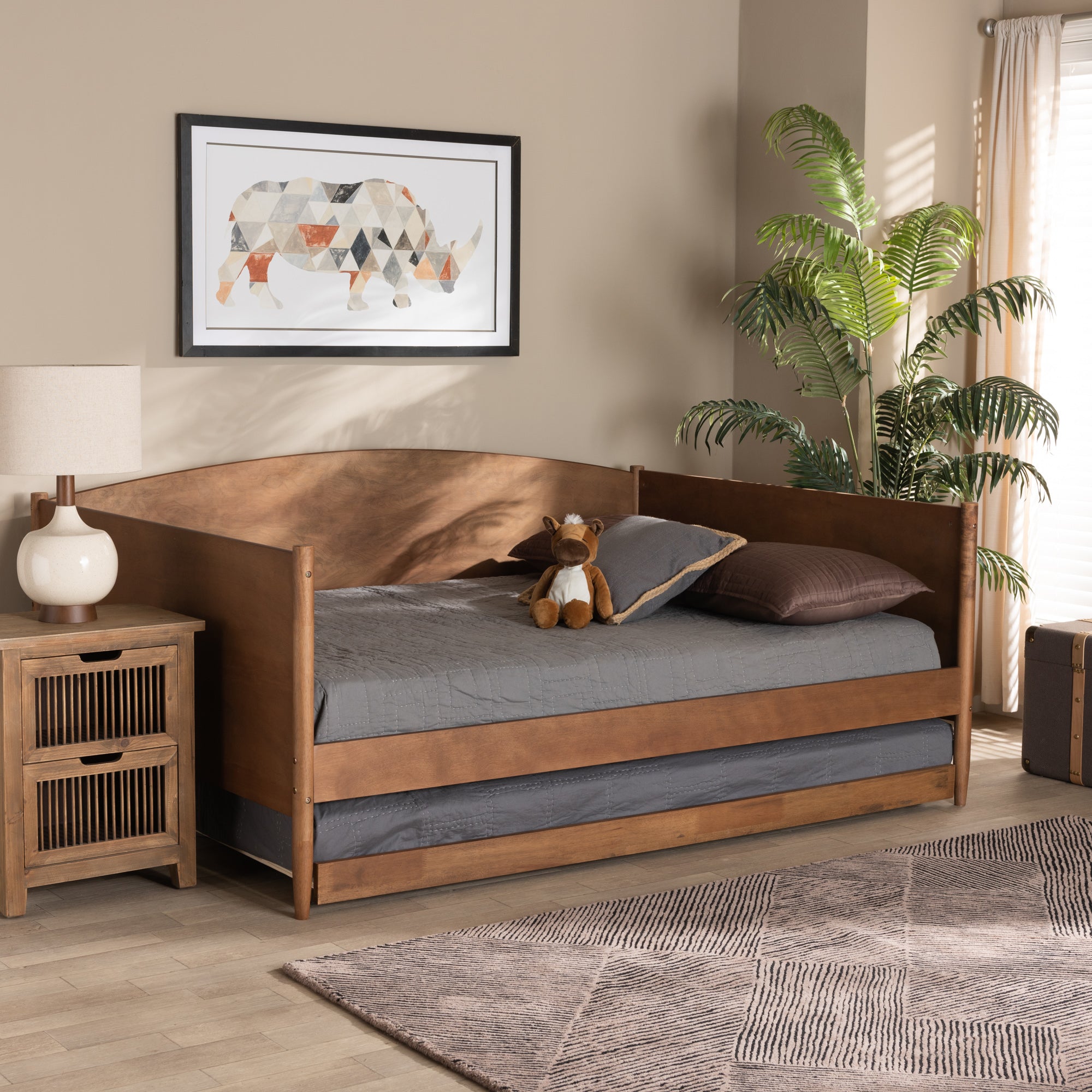 Baxton Studio Veles Mid-Century Modern Ash Walnut Finished Wood Full Size Daybed with Trundle