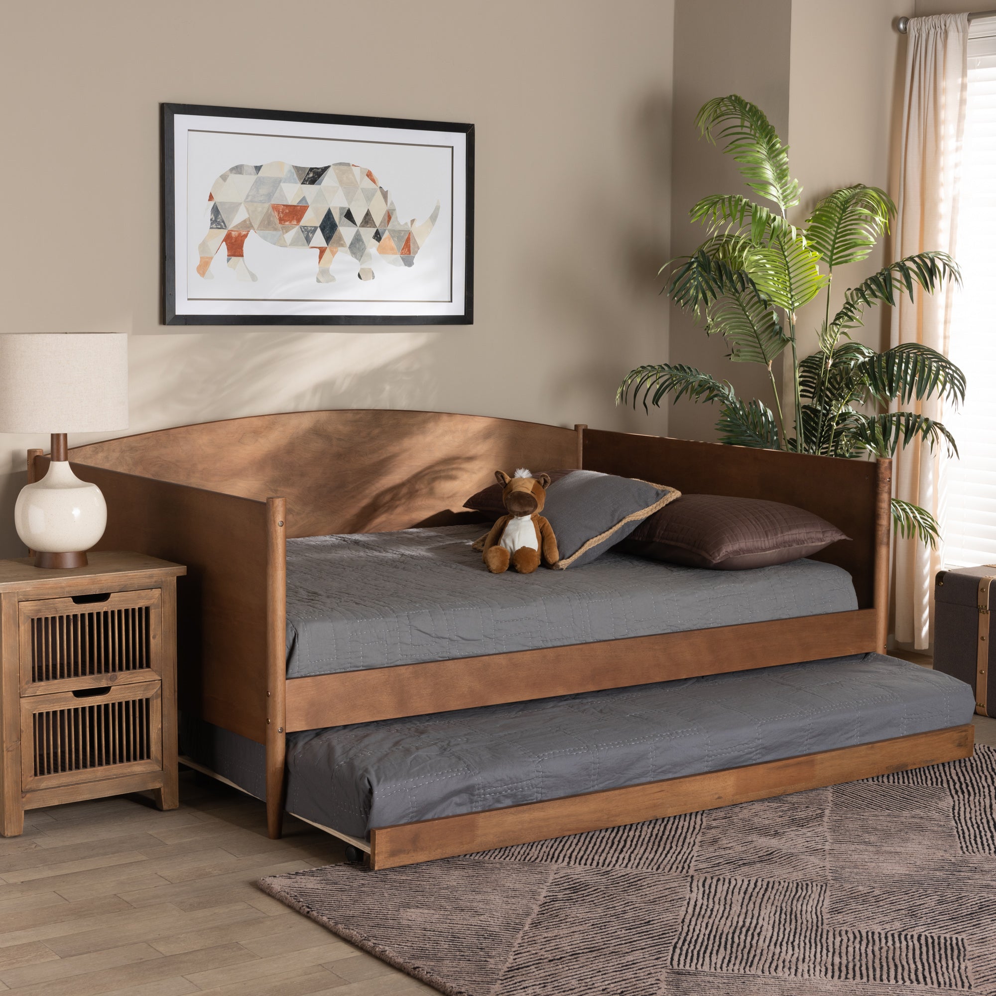 Baxton Studio Veles Mid-Century Modern Ash Walnut Finished Wood Full Size Daybed with Trundle