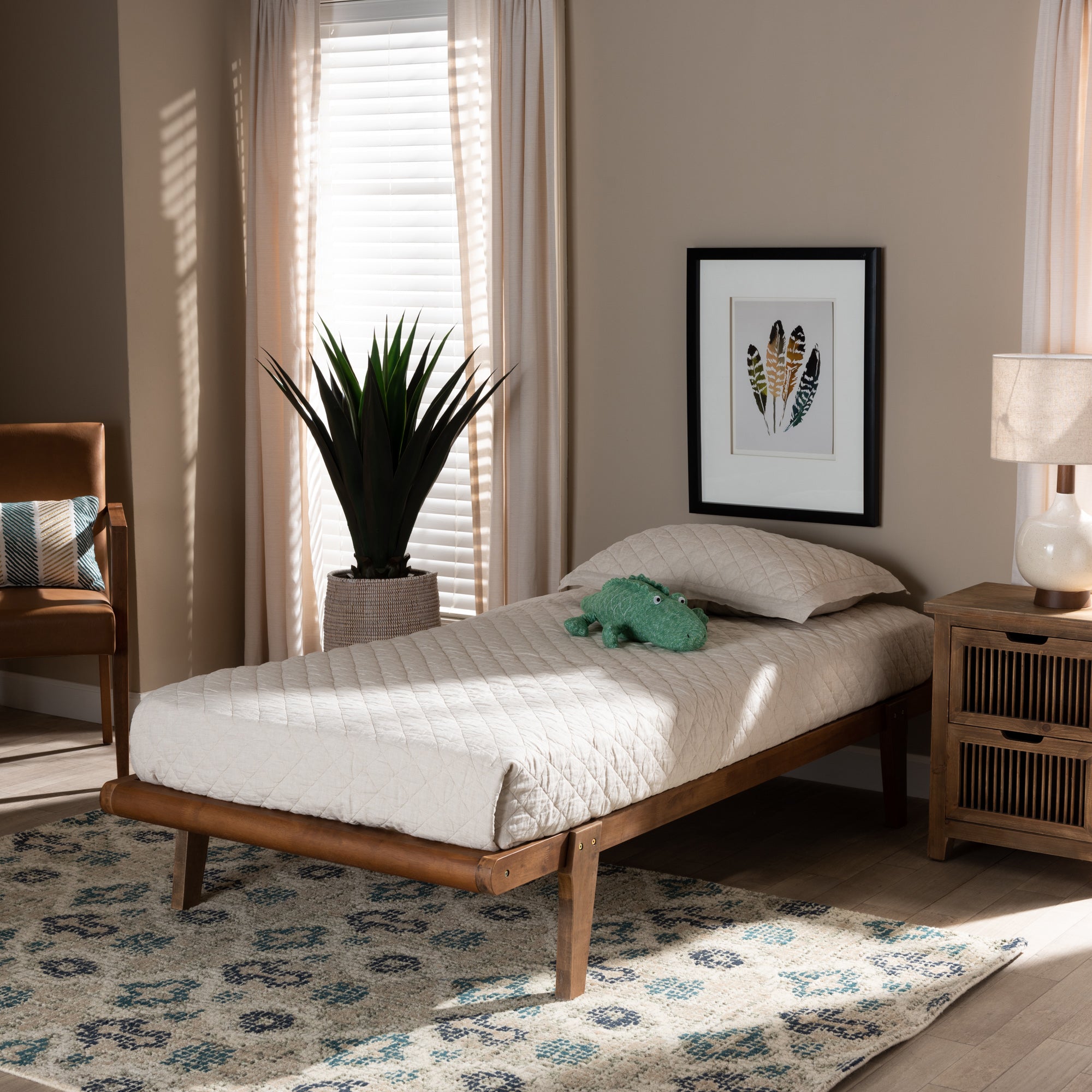 Baxton Studio Kaia Mid-Century Modern Walnut Brown Finished Wood Twin Size Platform Bed Frame