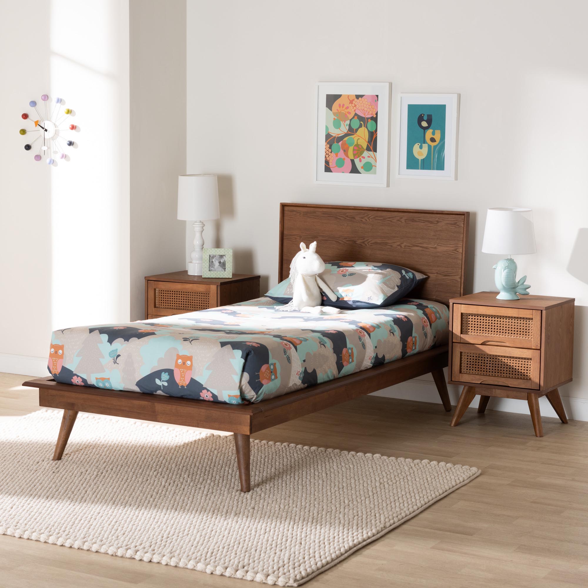 Baxton Studio Melora Mid-Century Modern Walnut Brown Finished Wood and Rattan Twin Size 3-Piece Bedroom Set