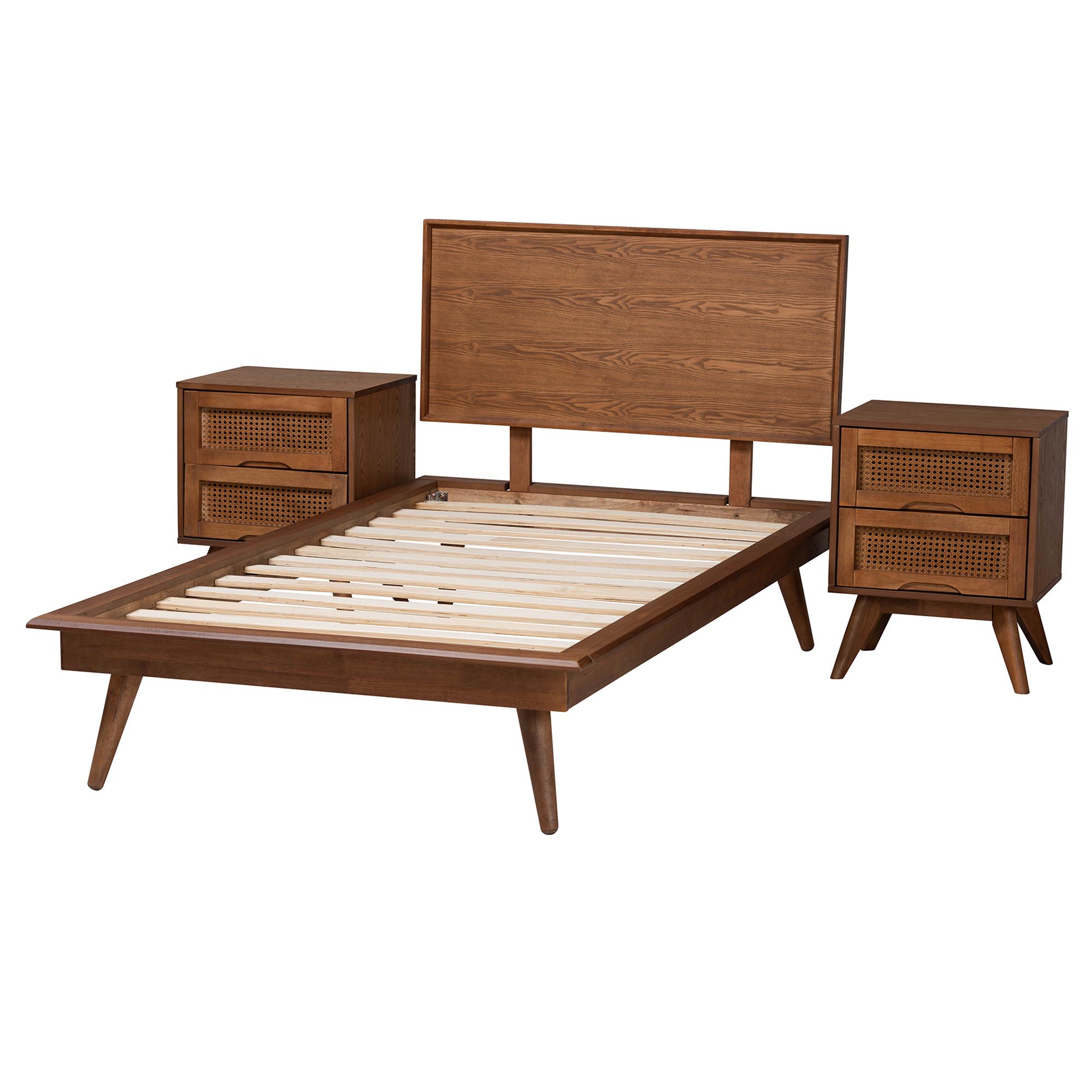 Baxton Studio Melora Mid-Century Modern Walnut Brown Finished Wood and Rattan Twin Size 3-Piece Bedroom Set