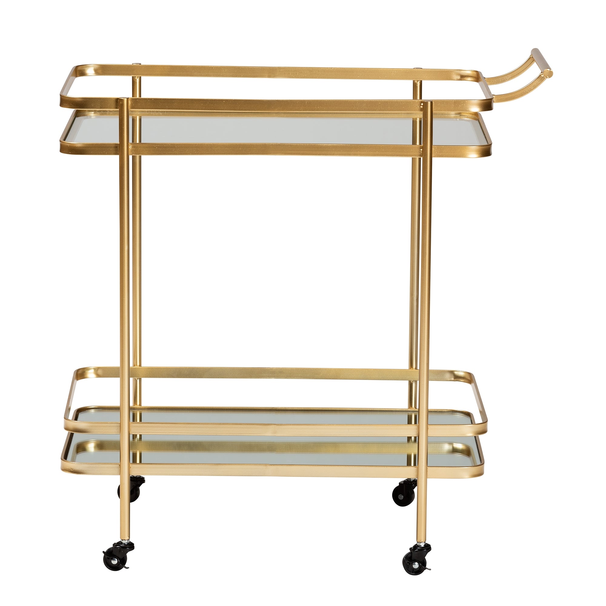 Baxton Studio Destin Modern and Contemporary Glam Brushed Gold Finished Metal and Mirrored Glass 2-Tier Mobile Wine Bar Cart