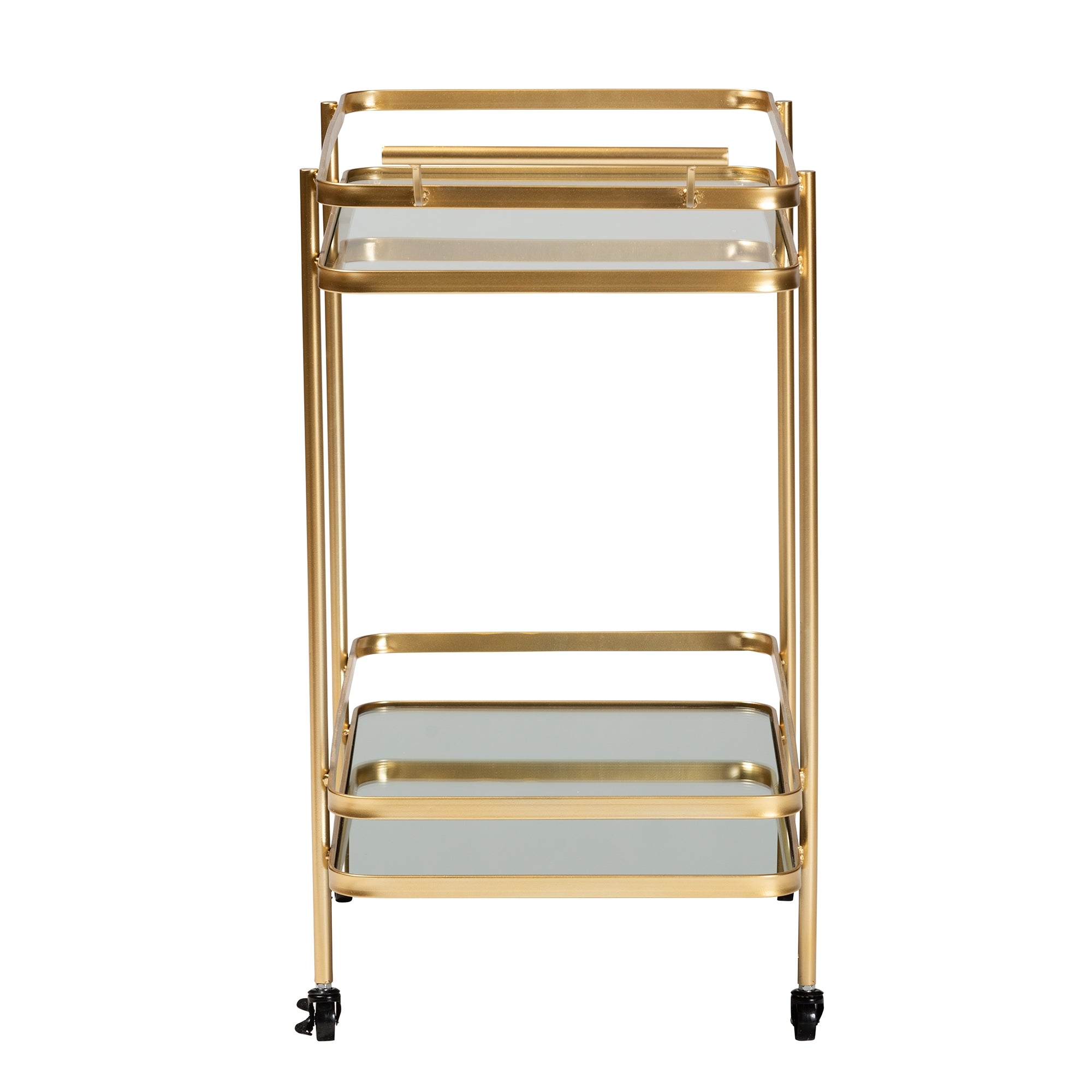 Baxton Studio Destin Modern and Contemporary Glam Brushed Gold Finished Metal and Mirrored Glass 2-Tier Mobile Wine Bar Cart