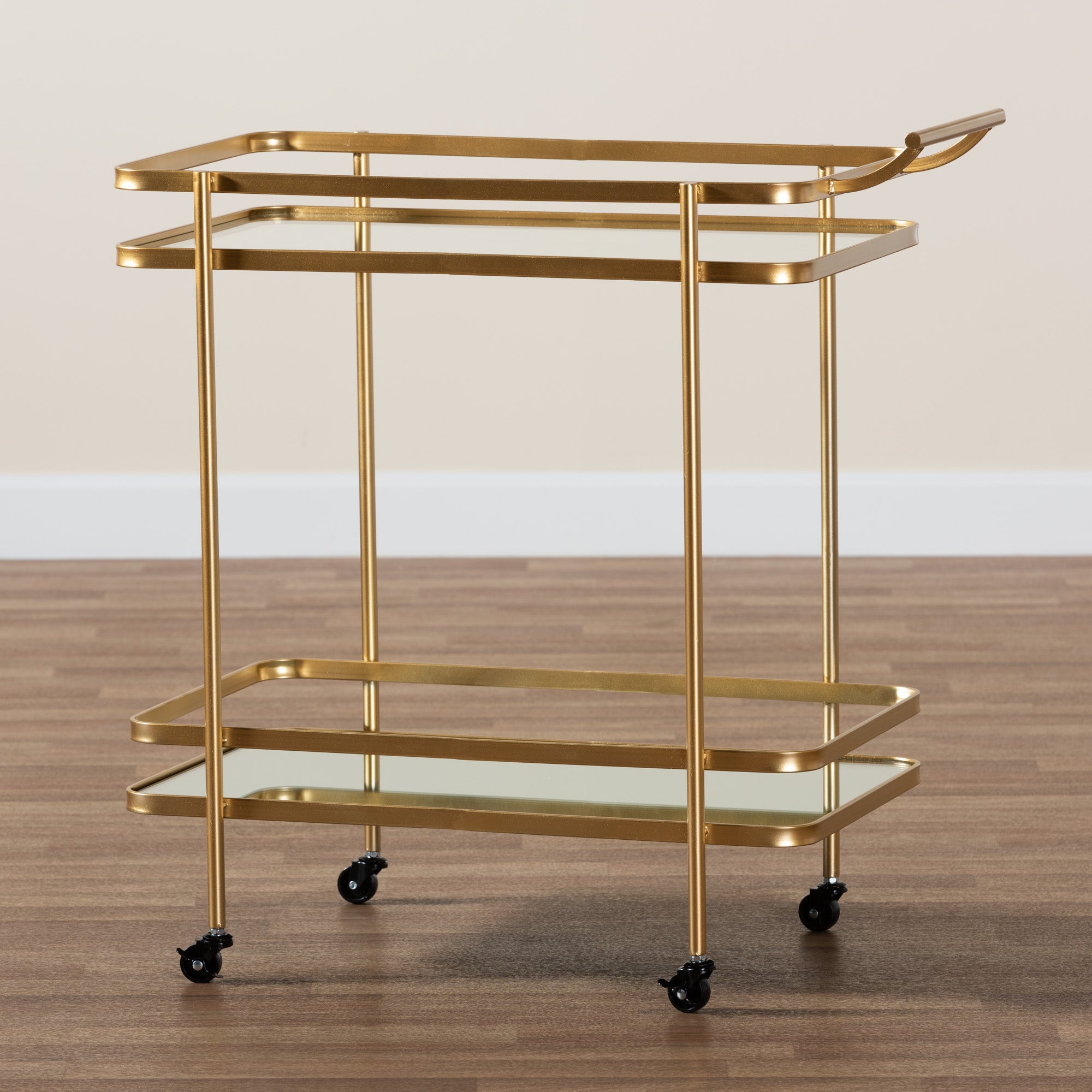 Baxton Studio Destin Modern and Contemporary Glam Brushed Gold Finished Metal and Mirrored Glass 2-Tier Mobile Wine Bar Cart
