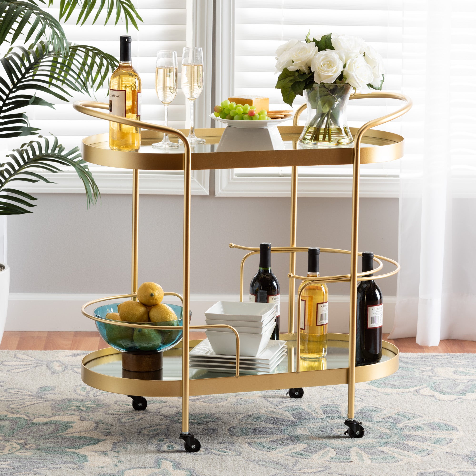 Baxton Studio Kamal Modern and Contemporary Glam Brushed Gold Finished Metal and Mirrored Glass 2-Tier Mobile Wine Bar Cart
