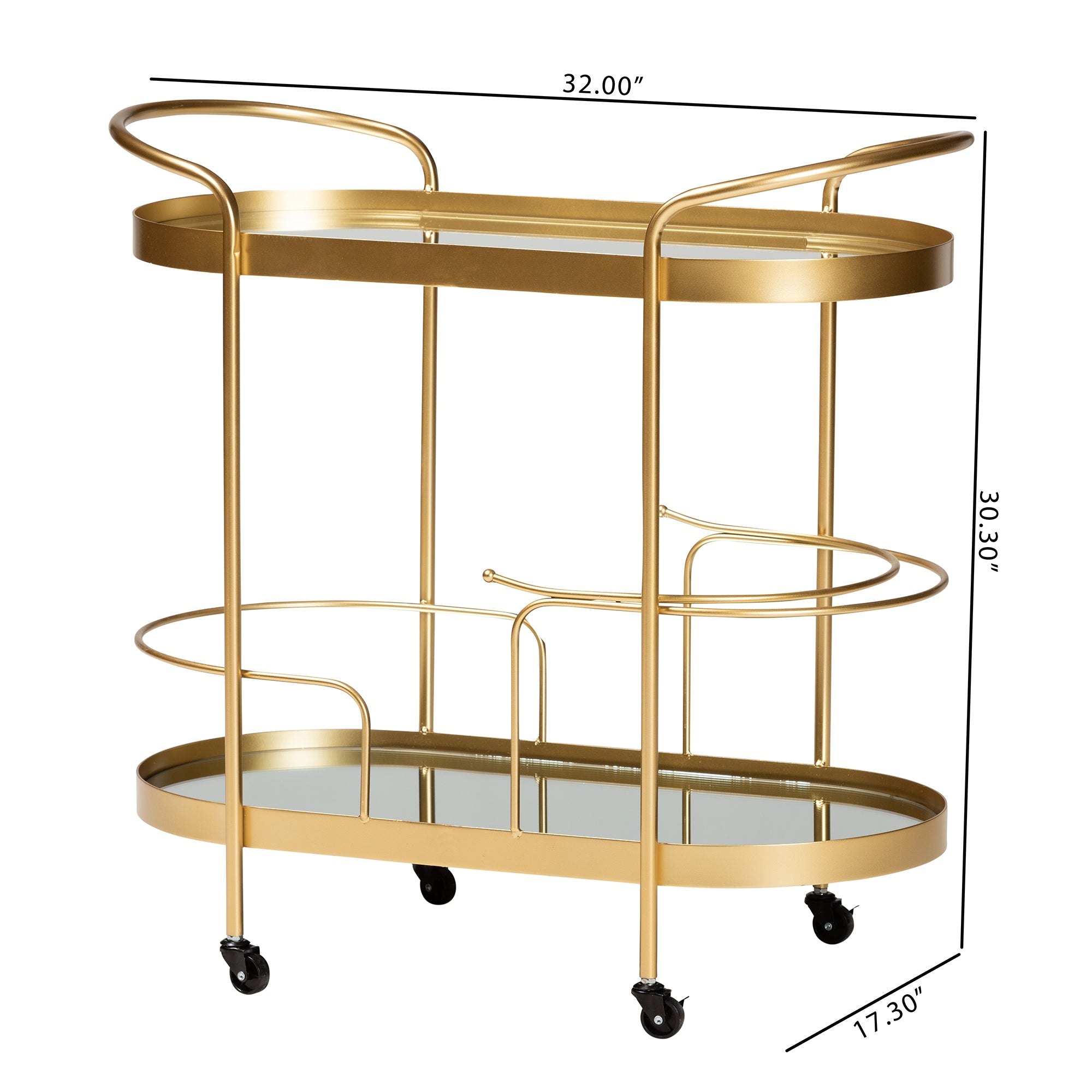 Baxton Studio Kamal Modern and Contemporary Glam Brushed Gold Finished Metal and Mirrored Glass 2-Tier Mobile Wine Bar Cart