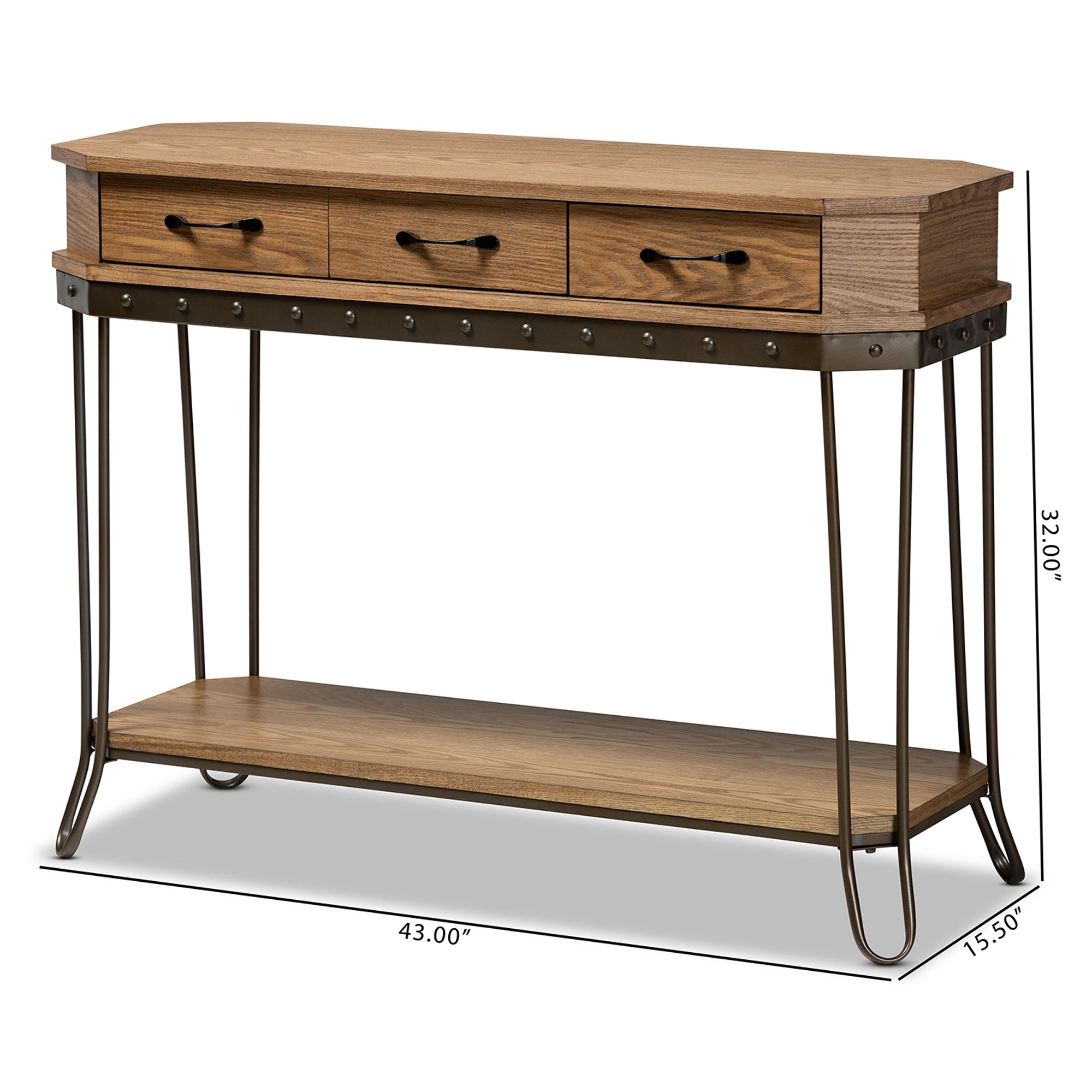 Baxton Studio Kellyn Vintage Rustic Industrial Oak Brown Finished Wood and Black Finished Metal 3-Drawer Console Table